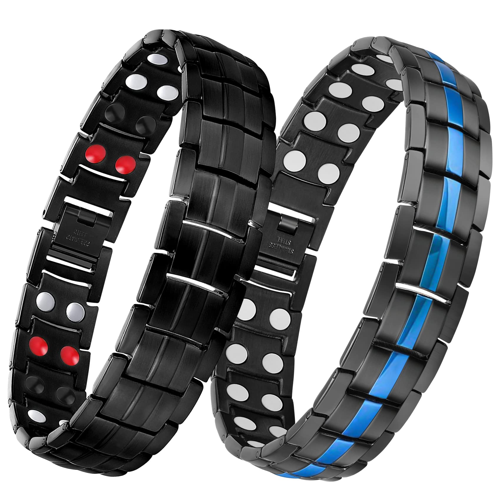 Feraco Magnetic Therapy Bracelets for Men - Titanium Steel Double Row Pain Relief Bracelet with 4 Strong Magnets & Adjustable Blue Line Design (Pack of 2) - Ideal for Arthritis, Joint Pain & Improved Circulation