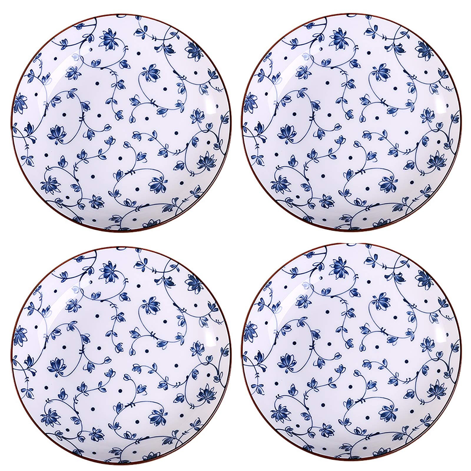 Blue and White Porcelain Dinner Plates 8 Inch - 4 Pack Floral Ceramic Appetizer Salad Dessert Plates for Serving, Snacking & Entertaining - Tang Grass Design, Elegant Tableware for Chinese Cuisine, Tea Parties & Home Decor