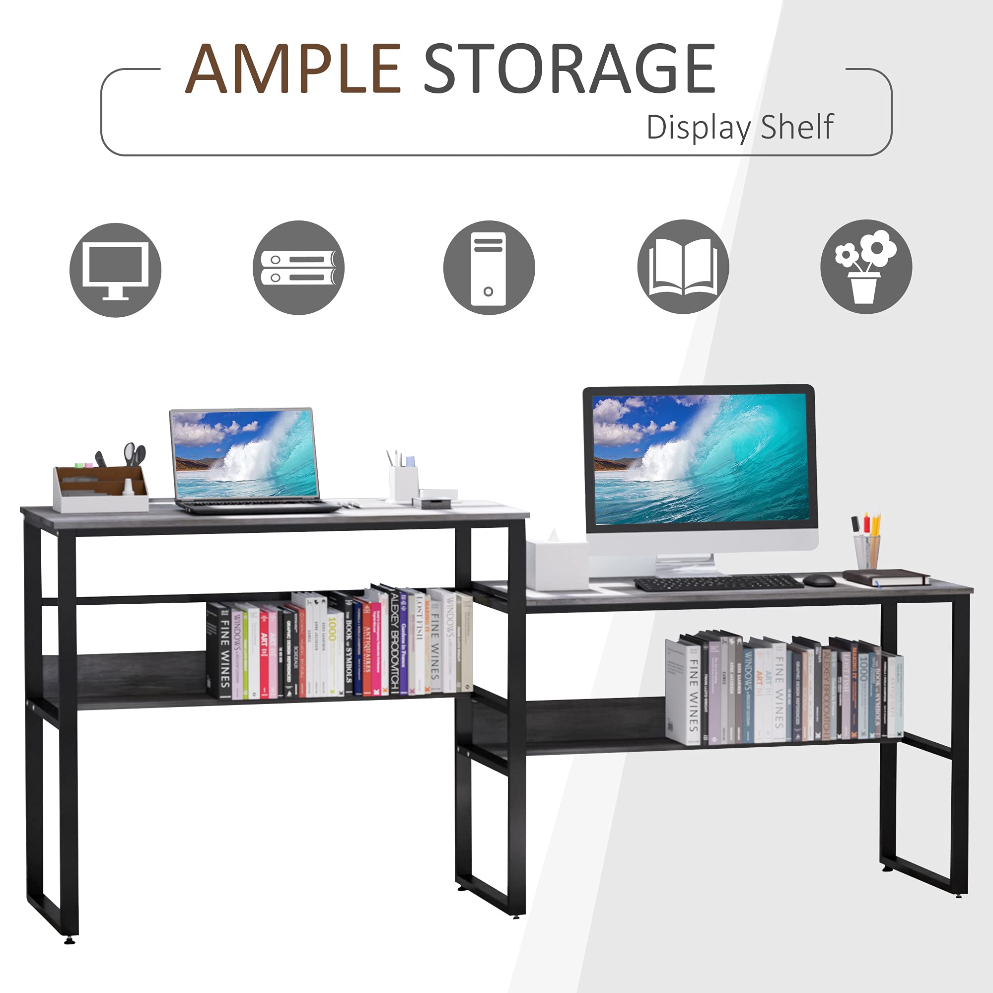 HOMCOM 86.5 Inch Two Person Desk with Open Shelves - Double Computer Table, Writing Desk & Long Storage Workstation for Home Office (Gray) | Perfect for Shared Workspaces, Remote Work & Study Rooms