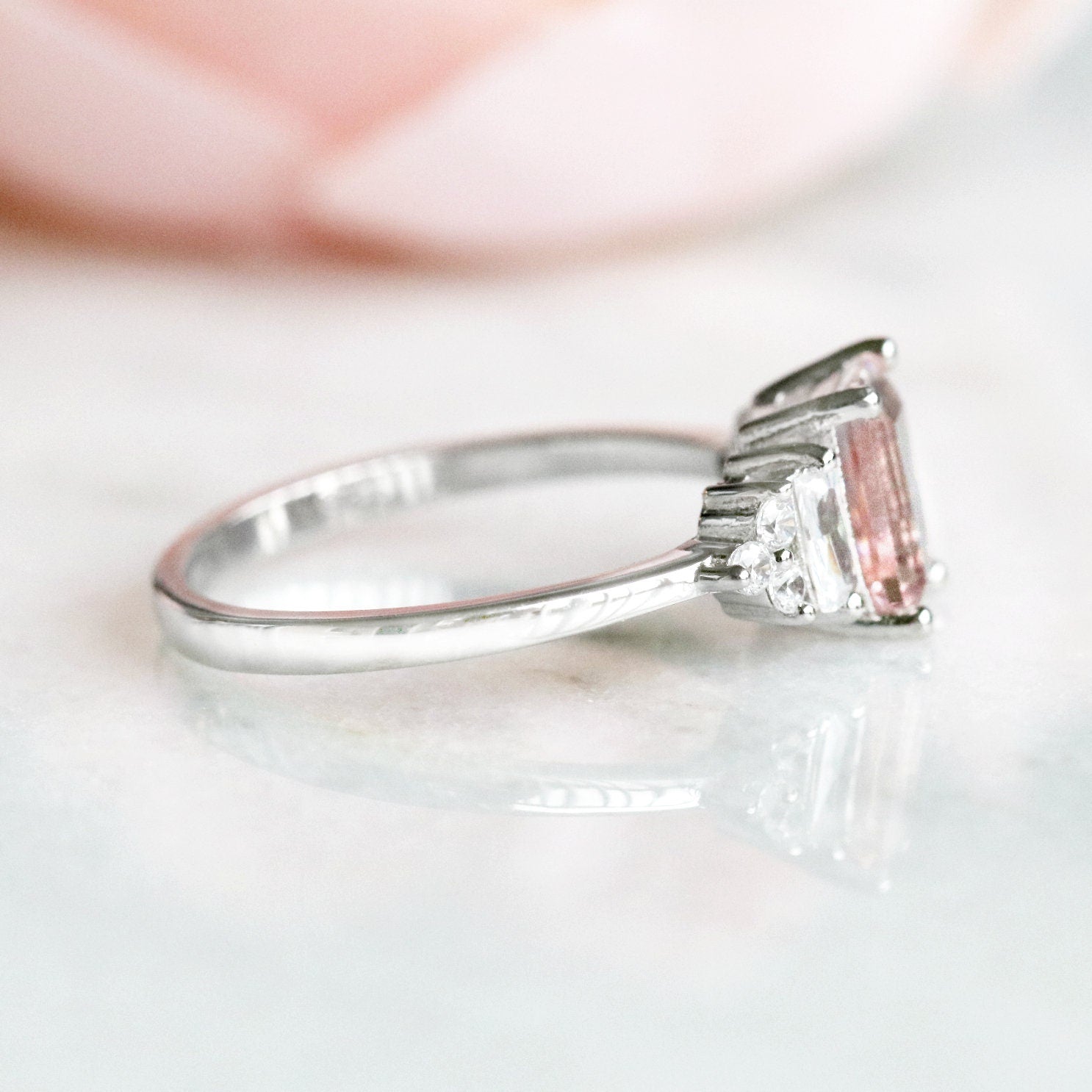 Amelia Morganite Ring in Sterling Silver – Elegant Rose Gold Plated Jewelry for Women, Perfect for Engagement, Wedding & Anniversary Gifts