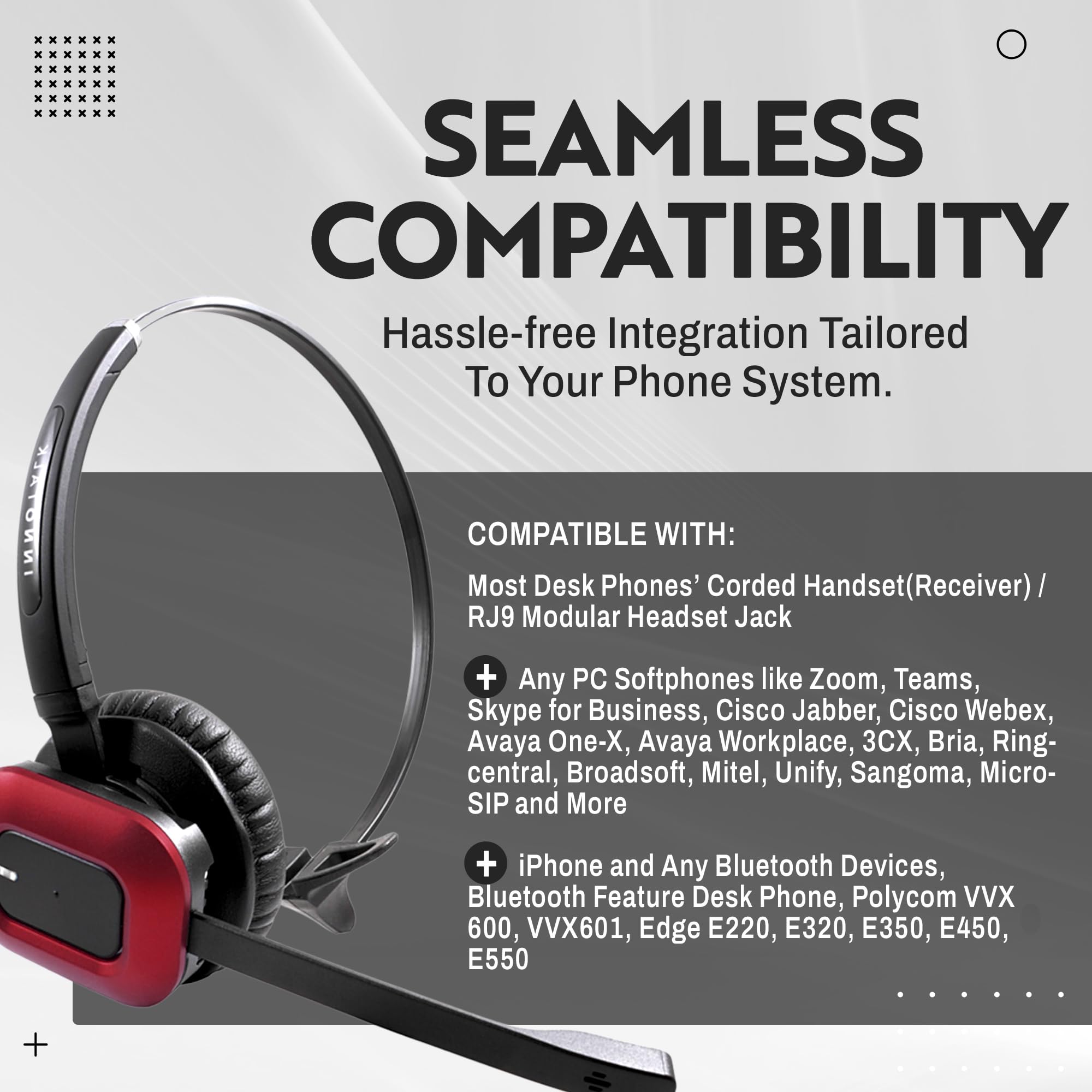 INNOTALK Wireless Office Headset - Connect 3 Devices Simultaneously (Desk Phone, PC & Bluetooth) with 300ft Long Range - Perfect for Remote Work, Call Centers & Business Communications