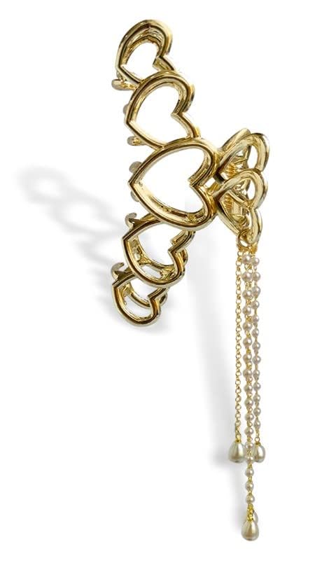 ANNACREATIONS Golden Heart Large Metal Pearl Hair Claw with Tassel - Women's Hair Clutch Accessory for Girls & Teens - Elegant Gold Hair Clip for Parties, Weddings & Daily Wear - Pack of 1