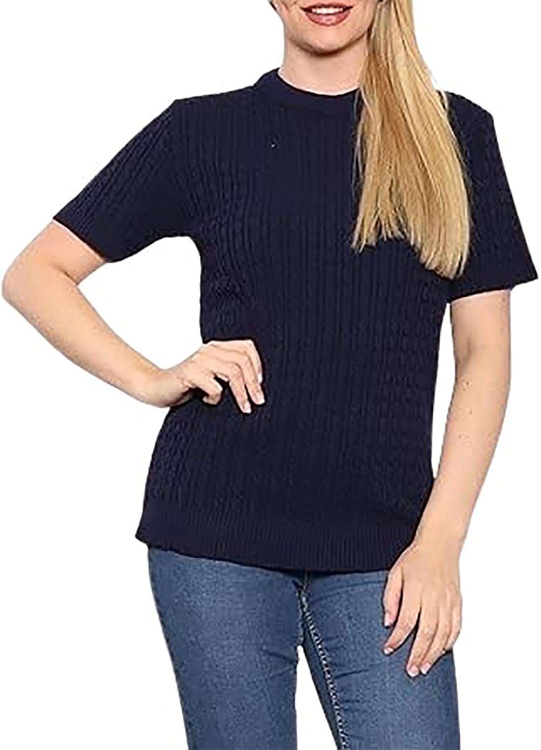 Stylish Women's Short Sleeve V-Neck Cable Knit Sweater - All Over Knit Pullover Top for Casual Winter Wear (UK 8-22/Plus Size) | Perfect for Office, Date Night & Cozy Weekends