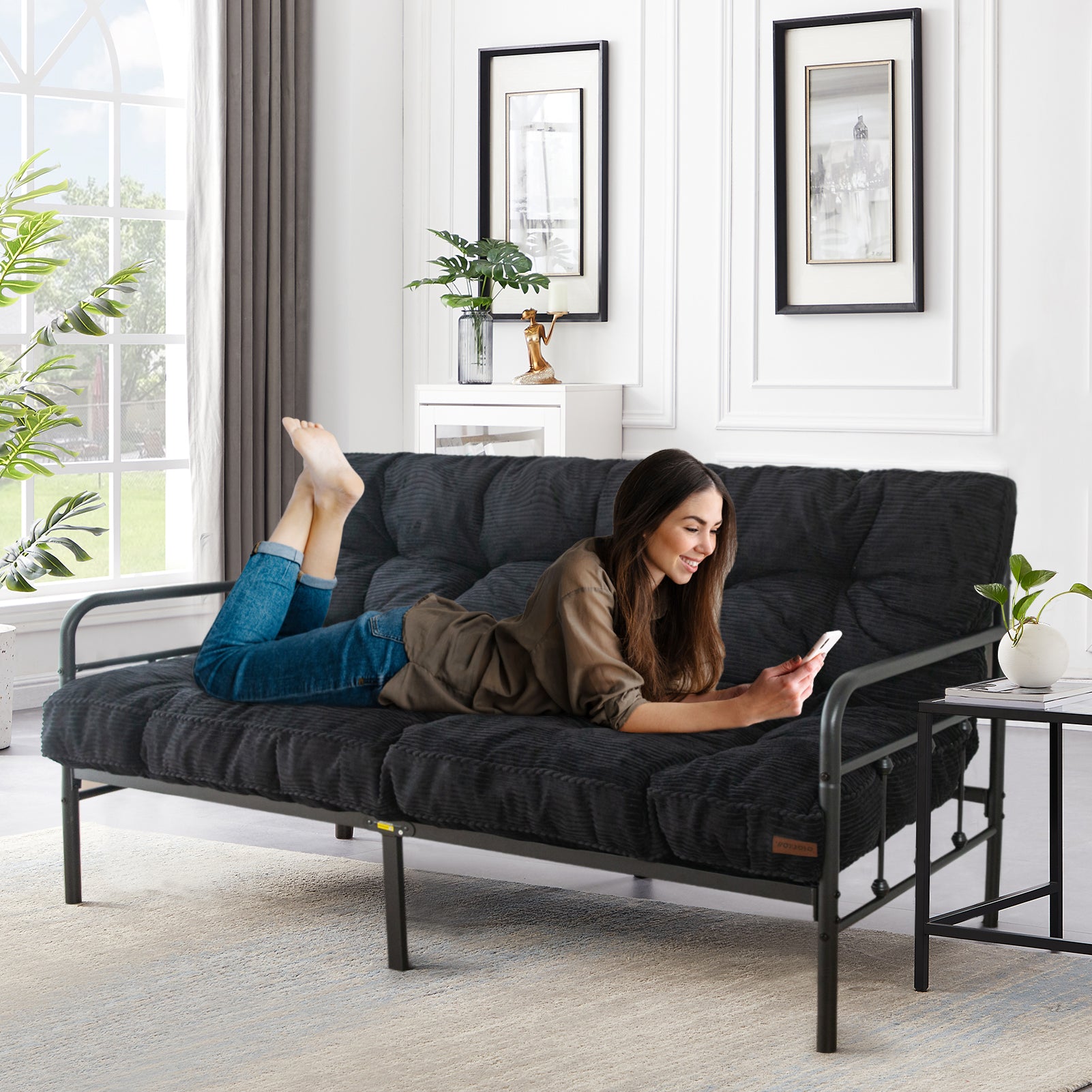 MAXYOYO 6-Inch Tufted Futon Sofa Couch Bed - Thick Corduroy Fabric Floor Futon Mattress for Adults (Mattress Only) in Black - Perfect for Small Spaces, Guest Rooms & Dorm Rooms