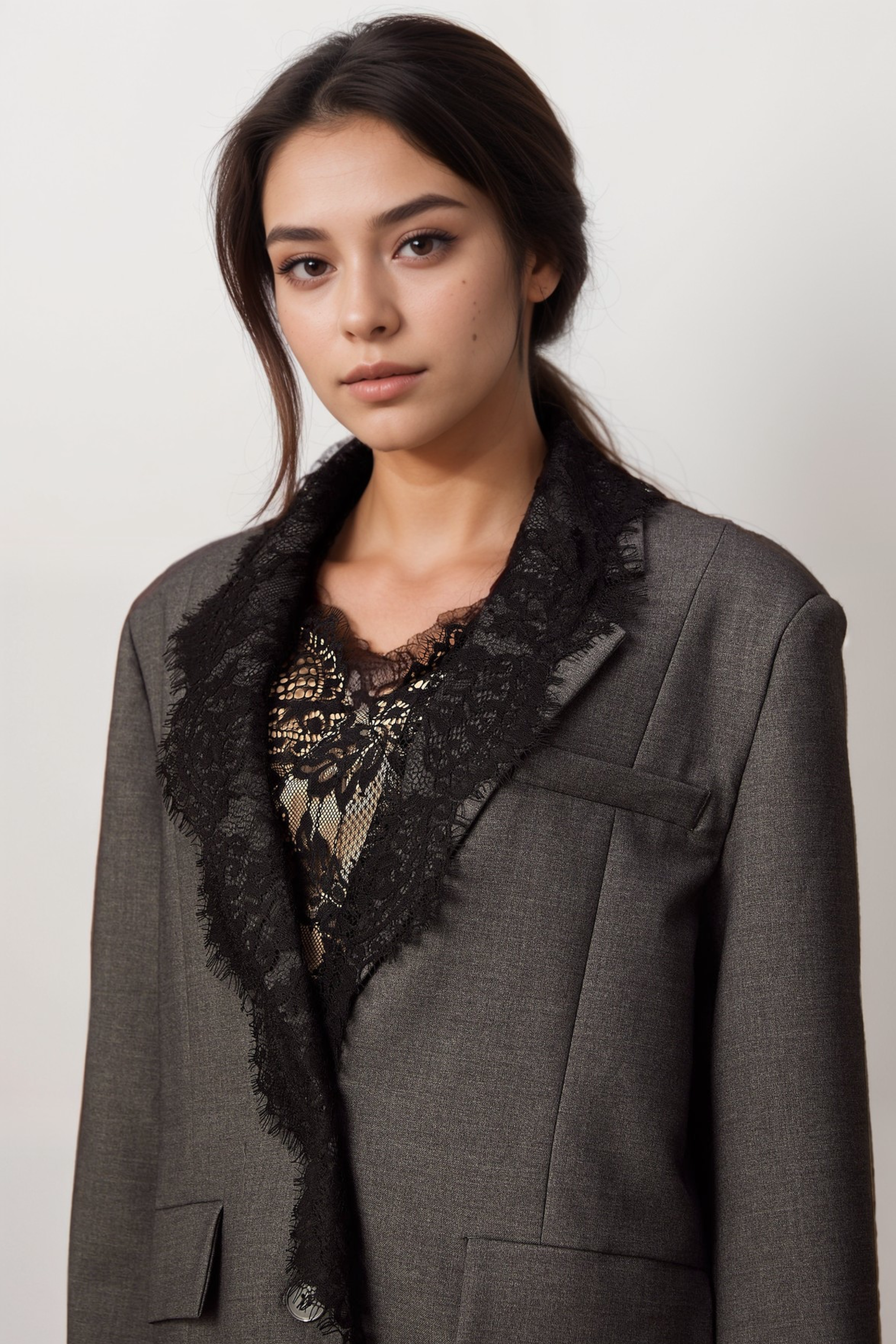 Elegant Grey Lace Panel Blazer for Women - Office Wear, Business Attire & Formal Occasions