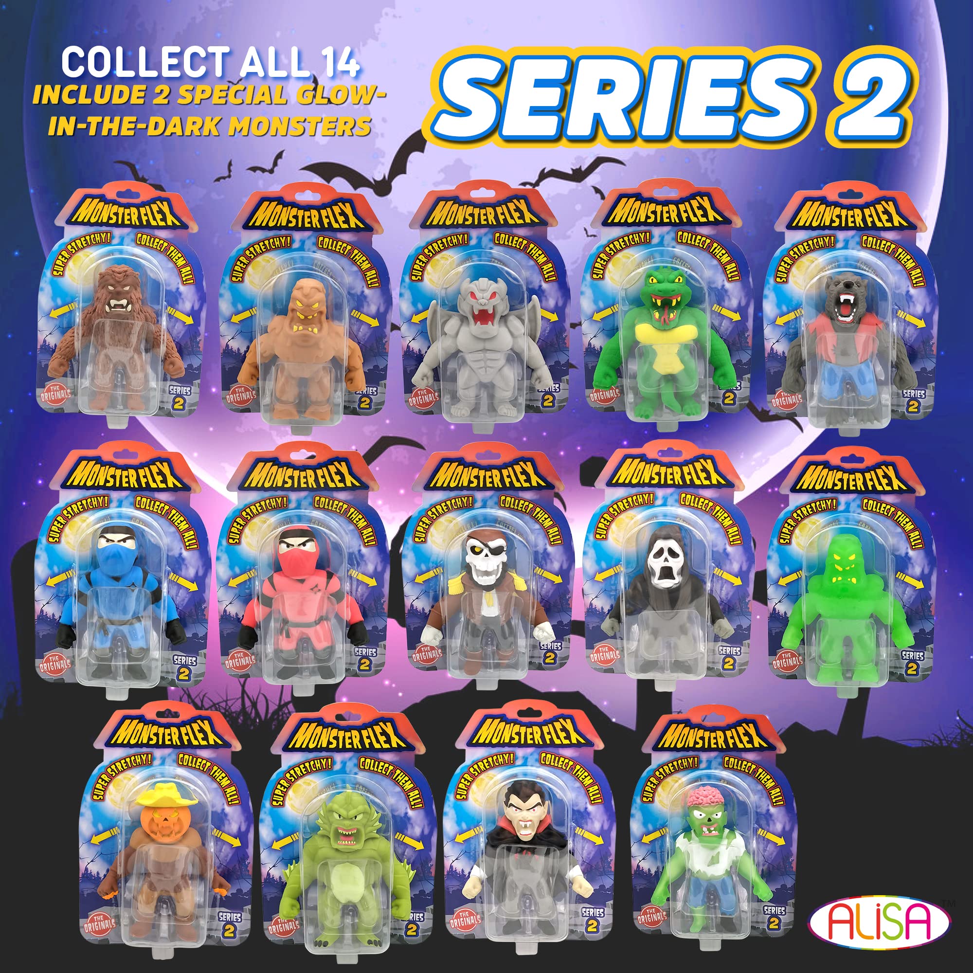 Monster Flex Stretchy Toys for Kids - 14 Unique Spooky Stretch Monsters Sensory Fidget Stress Relief Toys for Boys & Girls - Perfect Birthday Gift, Party Favors and Classroom Rewards - Series 3 (Thief) - Great for Playtime, Stress Relief and Sensory Development