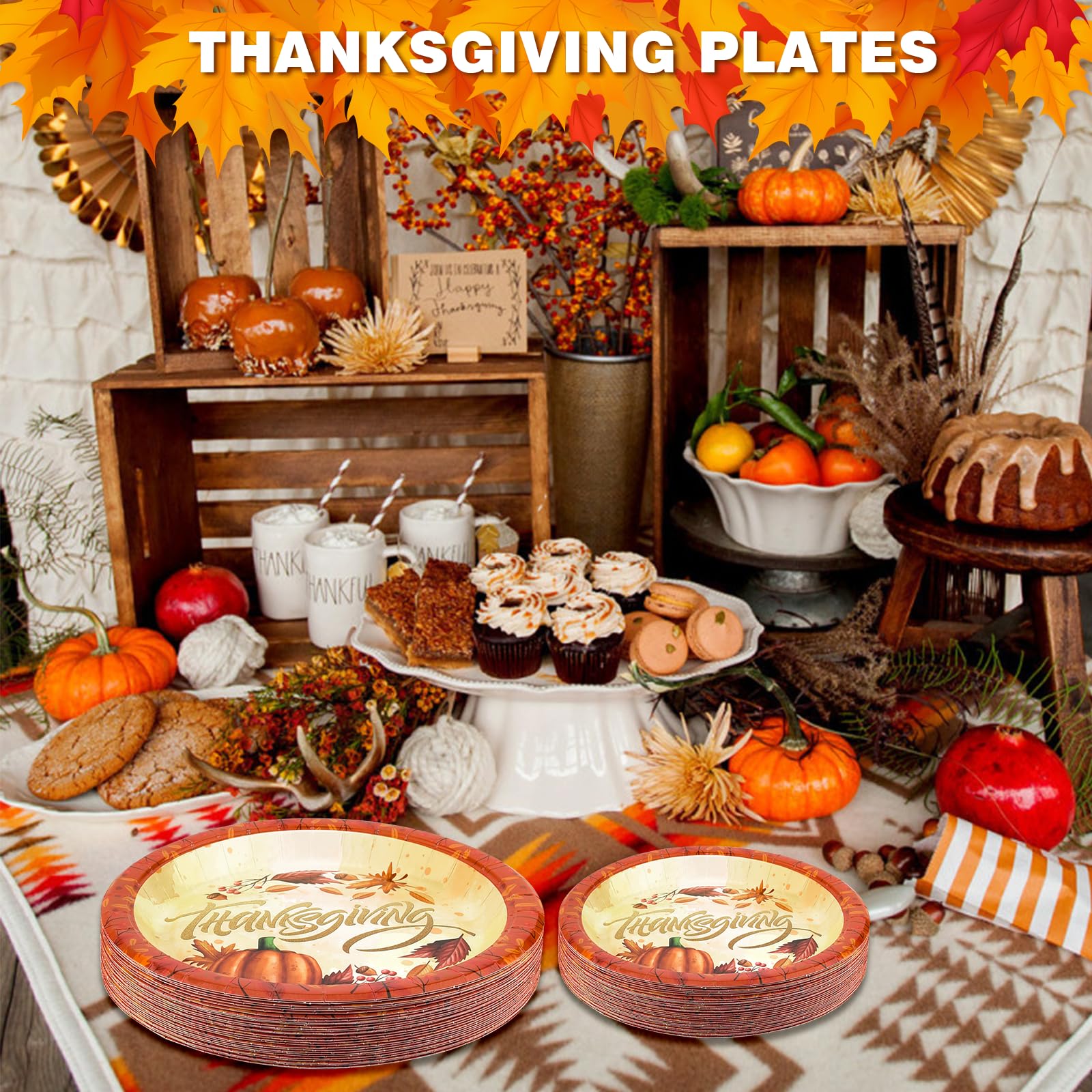 EPHYO 50-Pack Thanksgiving Paper Plates 7in & 10in - Fall Disposable Plates with Leaves & Pumpkin Design, Autumn Harvest Compostable Dinnerware for Dessert, Appetizer, Cake & Party Supplies | Perfect for Thanksgiving Dinner, Family Gatherings & Holiday Celebrations