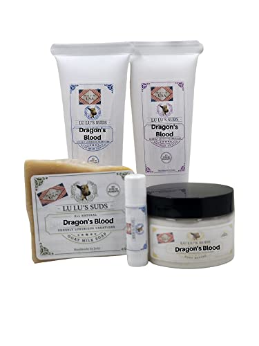 Lu Lu's Suds Goat Milk Soap Gift Set - Dragons Blood Scented 8 oz Lotion, Body Butter & Shower Polish Bundle | Natural Skincare for Dry Skin, Perfect for Gifts & Self-Care Rituals