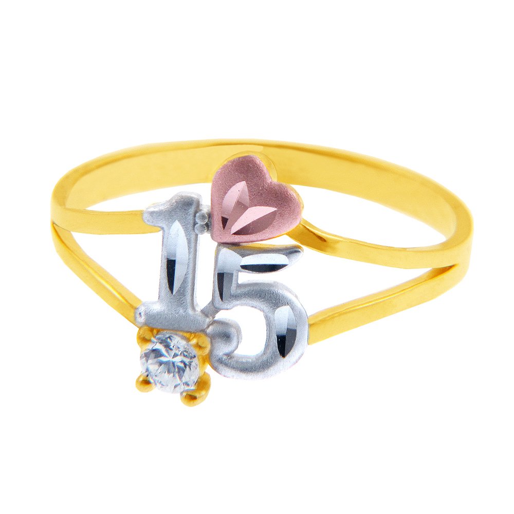 10k Tri-Tone Gold 15th Birthday Quinceañera Ring with Rose Gold Heart & Solitaire CZ Stone - Perfect Sweet 16 Gift for Teen Girls, Birthday Jewelry & Special Occasion Present