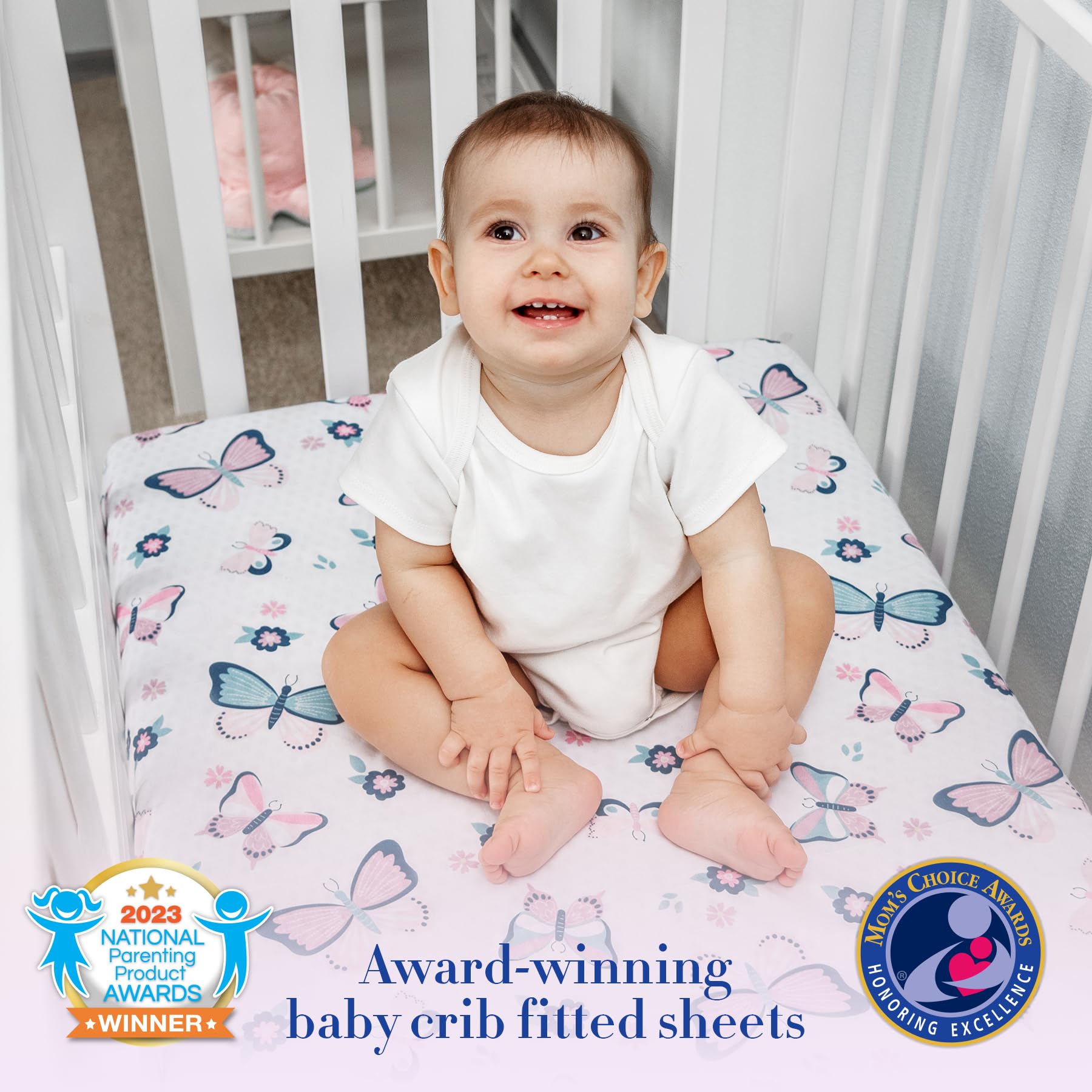 Butterfly Crib Bedding Set for Girls - 5 Piece Nursery Set with Soft Baby Blanket, 2 Fitted Crib Sheets, Ruffled Crib Skirt & Removable Wall Decals - Pink & White Floral Butterfly Theme - Perfect for Baby Shower Gifts & Nursery Room Decor
