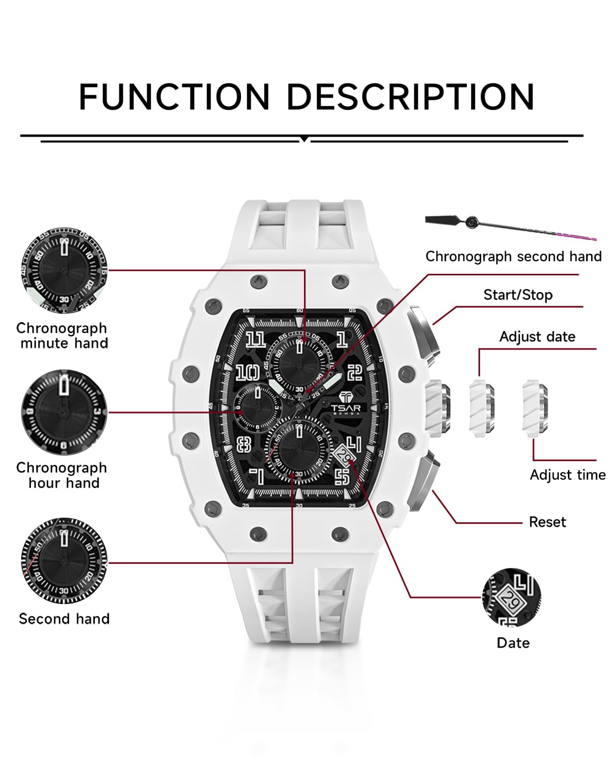 **TSAR BOMBA Luxury Men's Watch - Waterproof 50M Analog Chronograph with Calendar Date - Tonneau Design for Business, Dress & Diving - Large Square Face Wristwatch for Work & Formal Occasions**