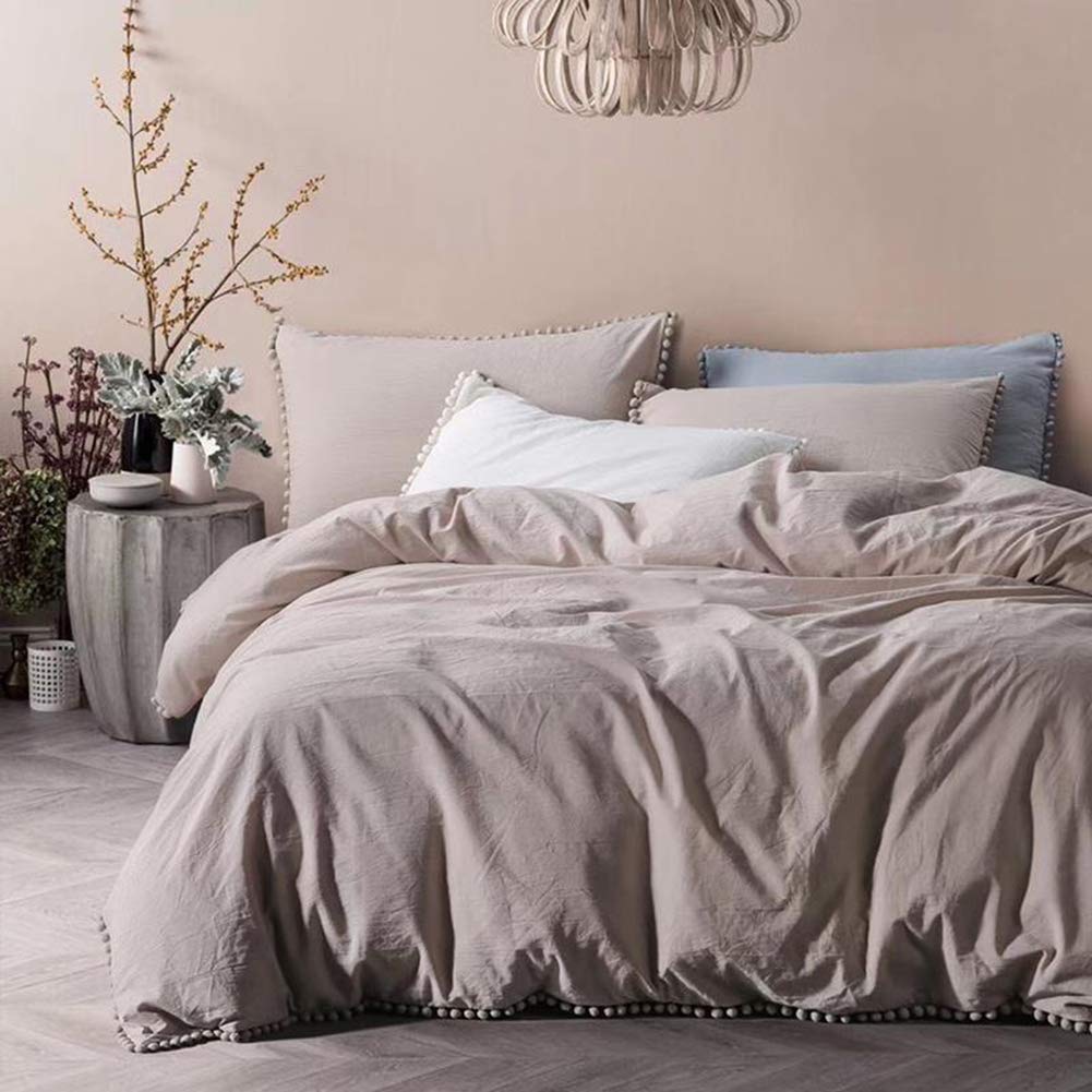 TanNicoor Pom Fringe Duvet Cover Set - 2 Piece Ultra Soft Washed Cotton Bedding Set with Zipper Closure, Modern Style Comforter Cover for Twin Bed (Khaki) | Cozy Home Decor for Bedroom & Guest Room