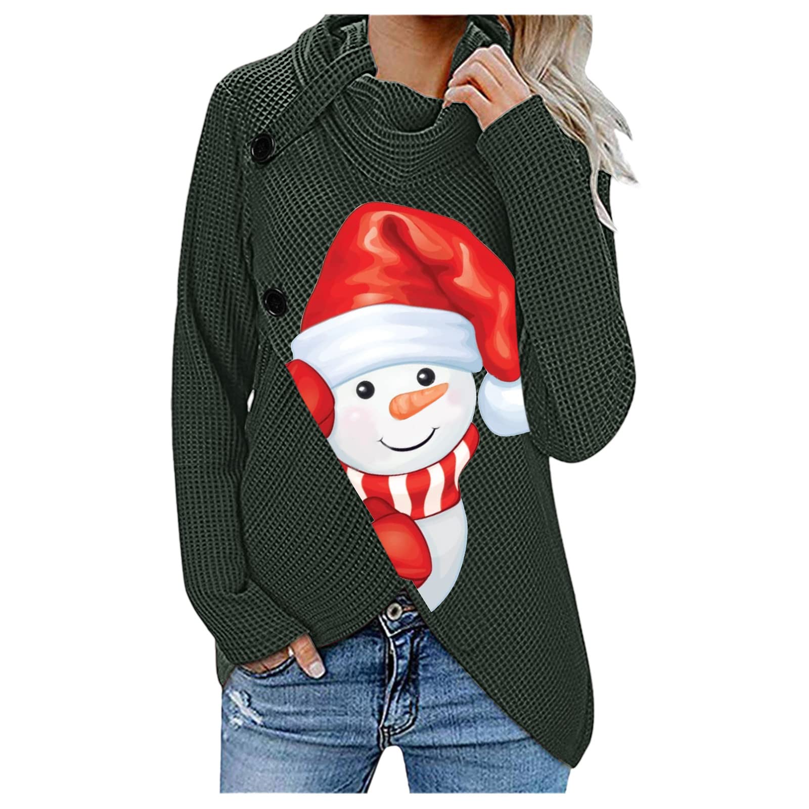 Women's Christmas Snowman Printed Button Funnel Neck Sweatshirt - Cozy Long Sleeve Pullover Top for Holiday Parties, Winter Outfits & Casual Wear