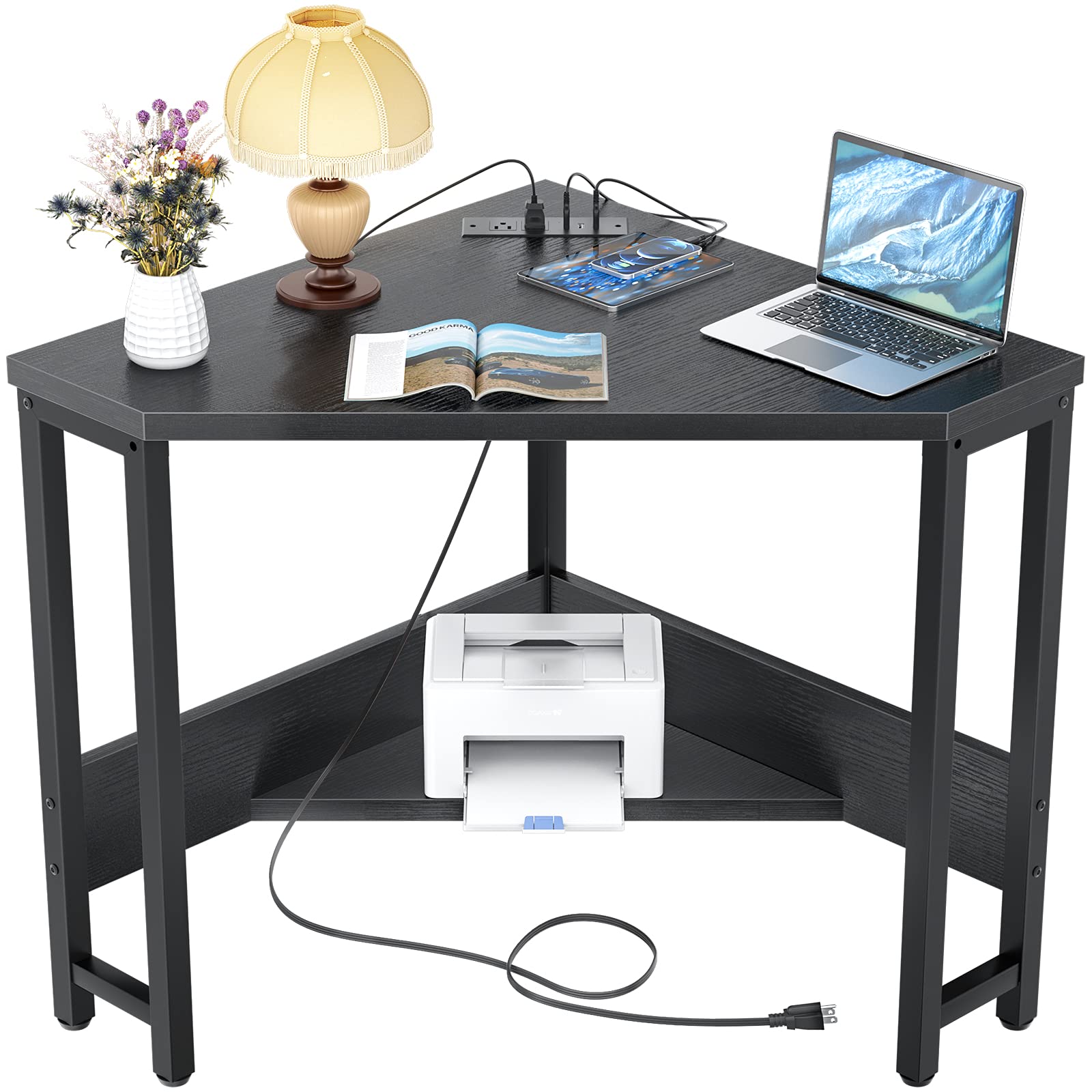 Armocity Compact Corner Desk with Built-in Outlets & USB Ports, Small Space-Saving Computer Desk with Storage Shelf - Perfect for Home Office, Workstation, Living Room or Bedroom (Black) - Ideal for Remote Work, Online Classes & Gaming Setups