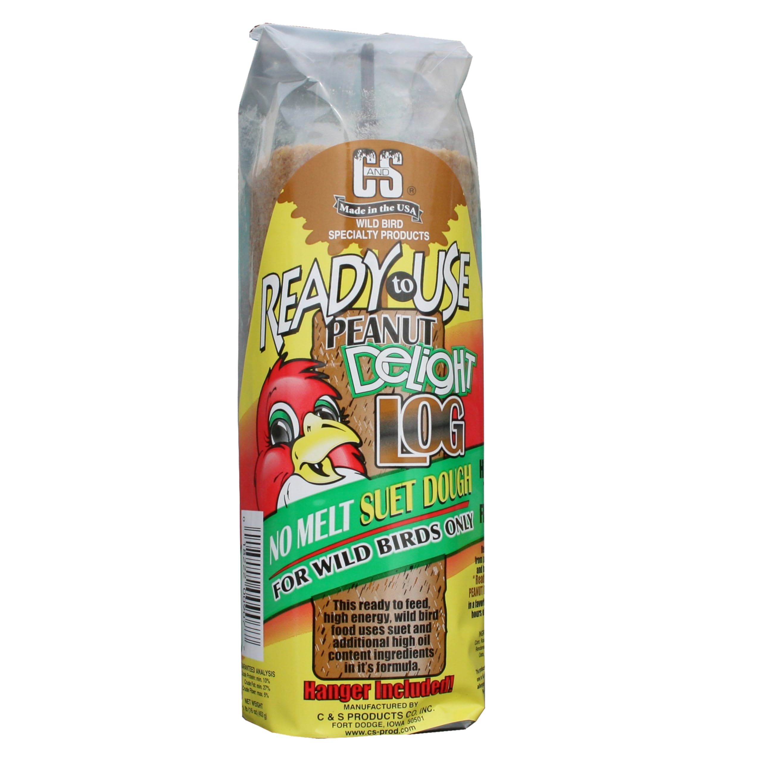 C&S Peanut Delight No Melt Suet Dough Log - 1 Pound Ready-to-Use Bird Food for Wild Birds, Woodpeckers & Cardinals - Perfect for Backyard Feeders & Winter Bird Feeding