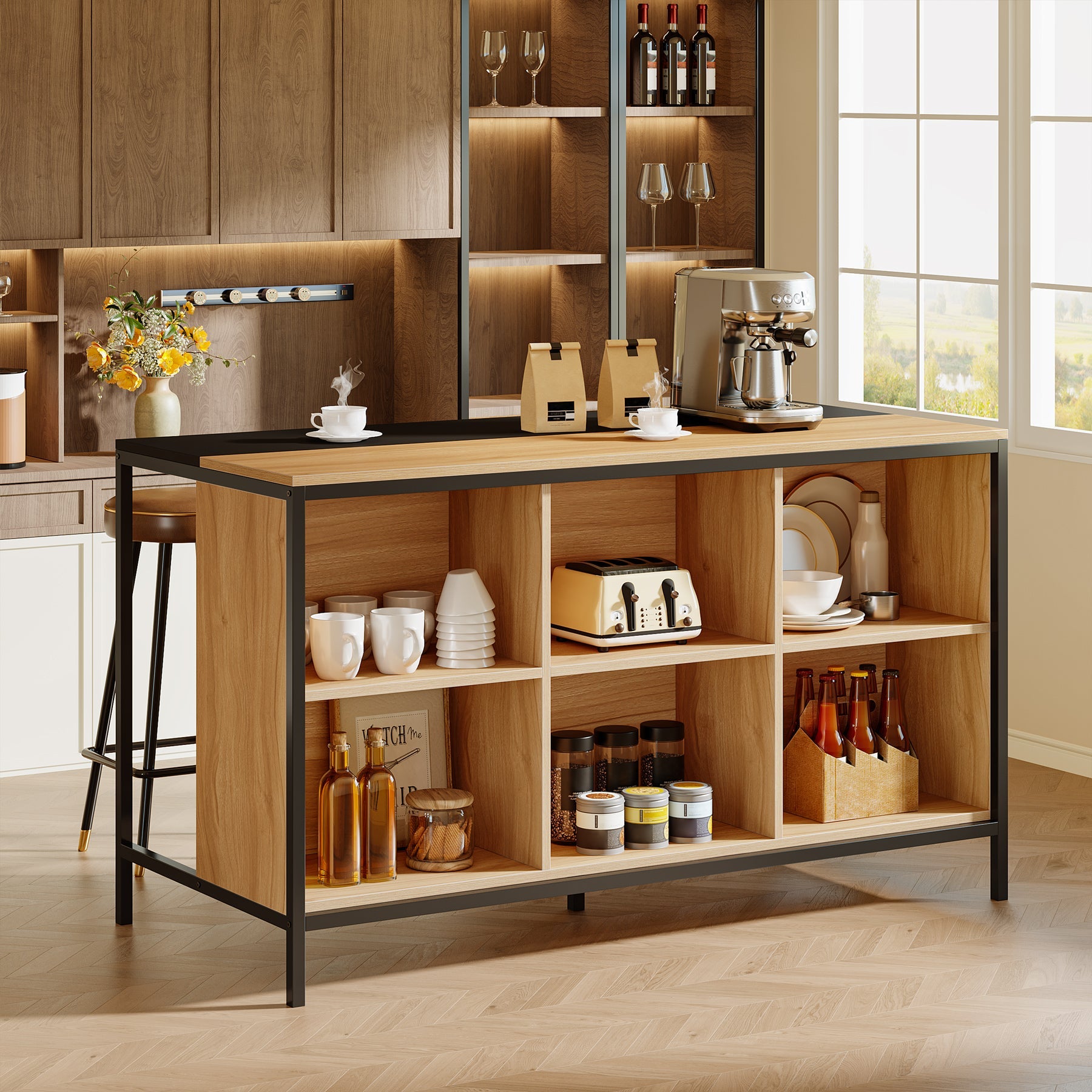 62-Inch Kitchen Island Table with Breakfast Bar, 6-Cube Storage & Seating - Perfect for Small Kitchens, Dining & Extra Counter Space