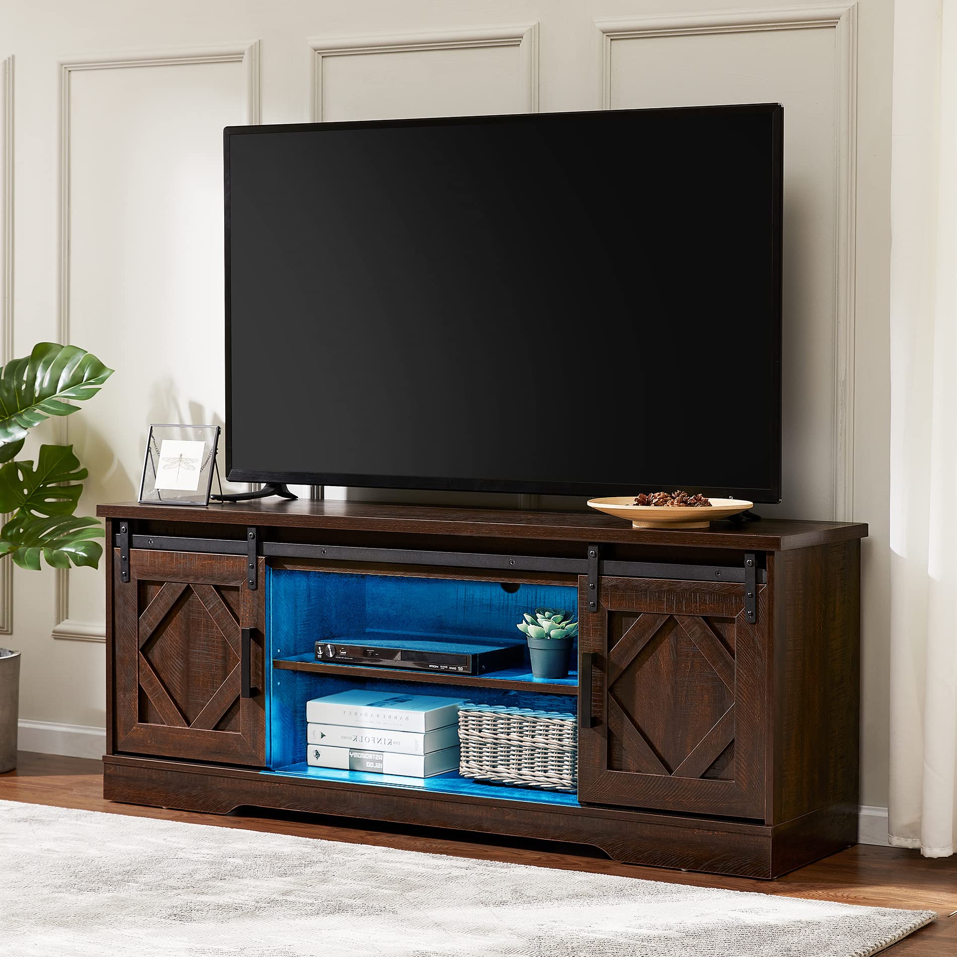 WAMPAT 65 Inch LED TV Stand with Sliding Barn Doors - Rustic Brown Modern Farmhouse Entertainment Center for Living Room, Bedroom & Home Theater Setup