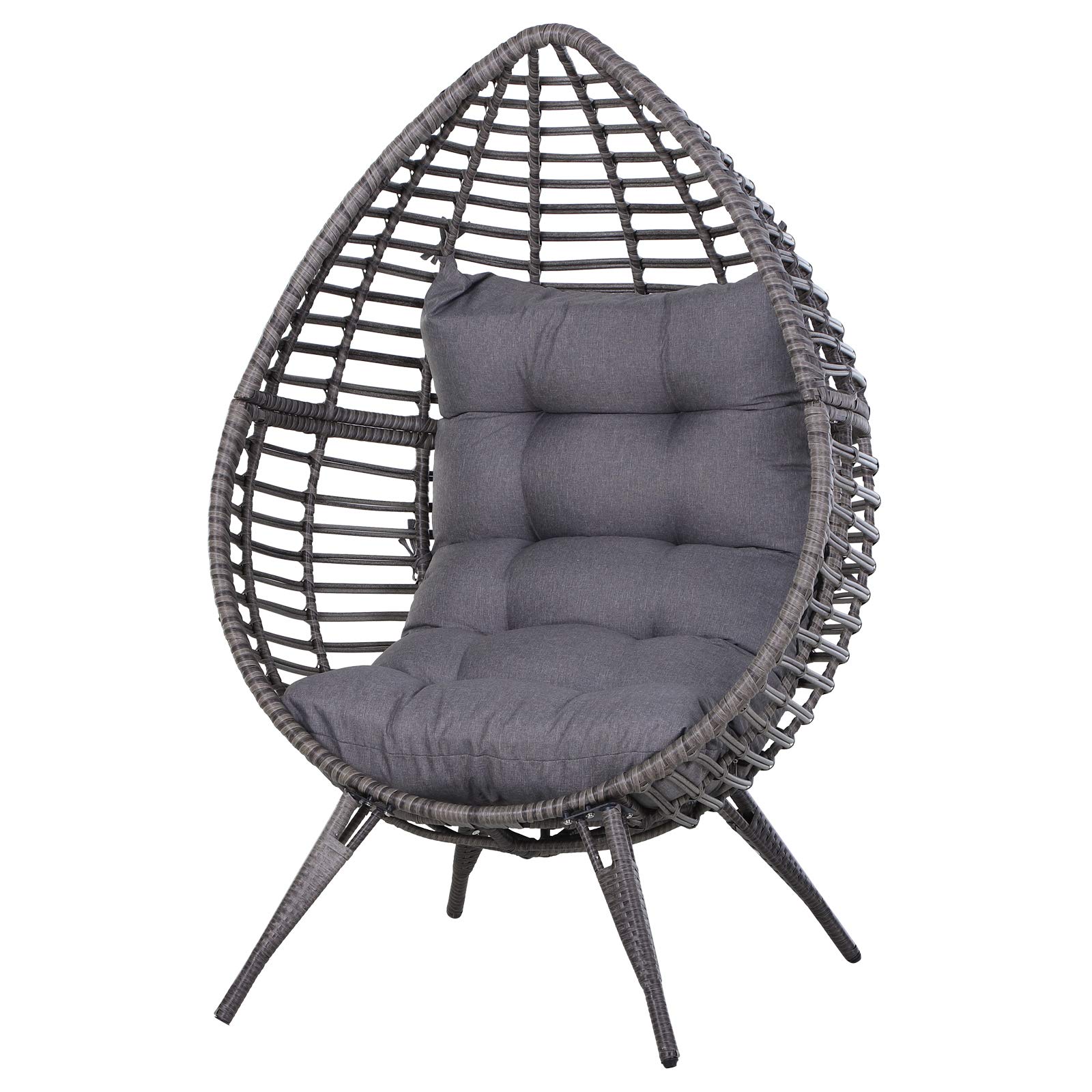 Outsunny Gray PE Wicker Egg Chair with Soft Cushion - Adjustable Height Teardrop Patio Chair for Indoor/Outdoor Use - Perfect for Porch, Garden, or Balcony Relaxation