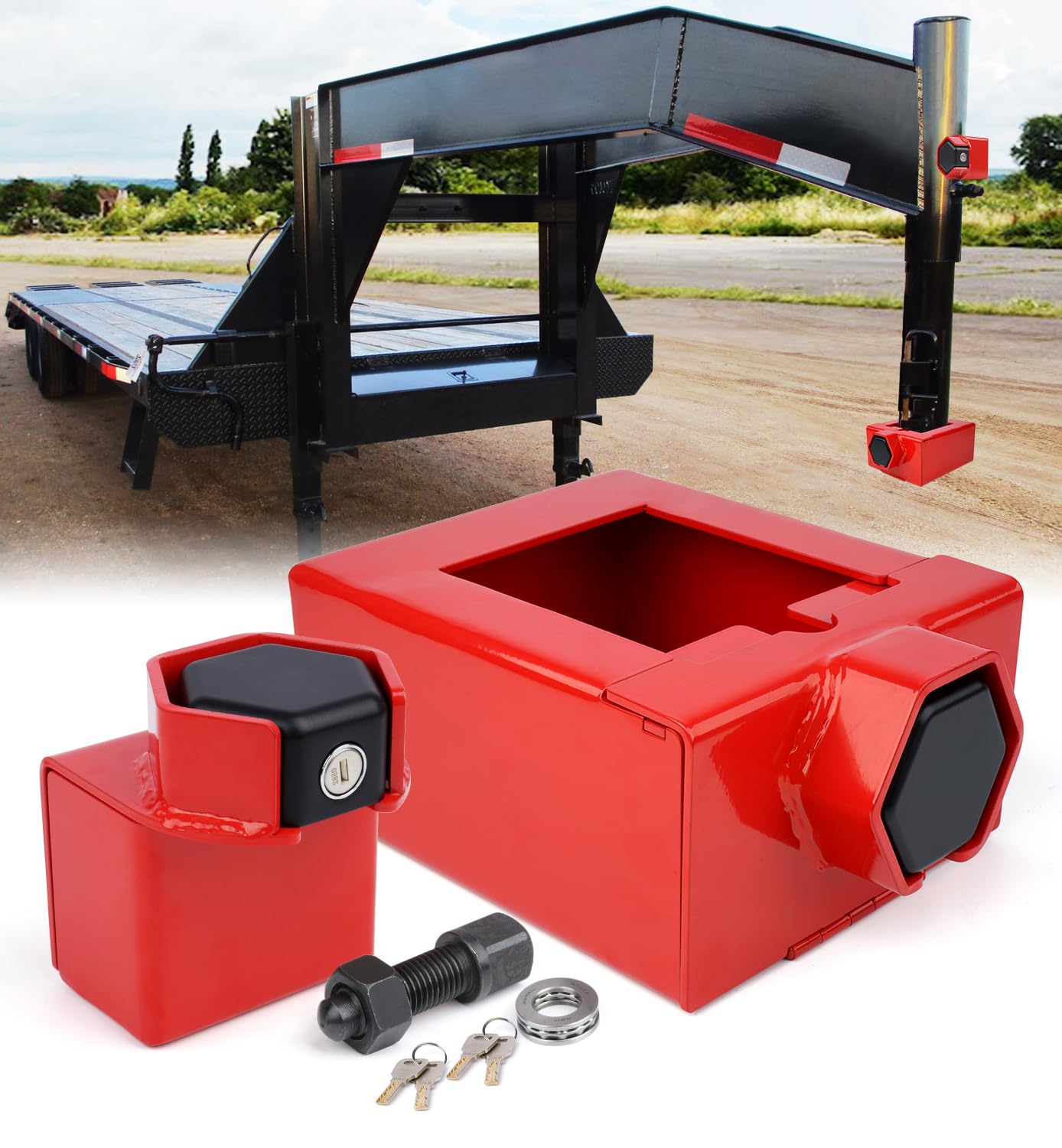 Gooseneck Trailer Lock Kit with Key - Universal Fit for 7-Inch Bottom Plate Couplers - Patented Anti-Theft Design (Red) - Secure Your RV, Boat & Utility Trailers