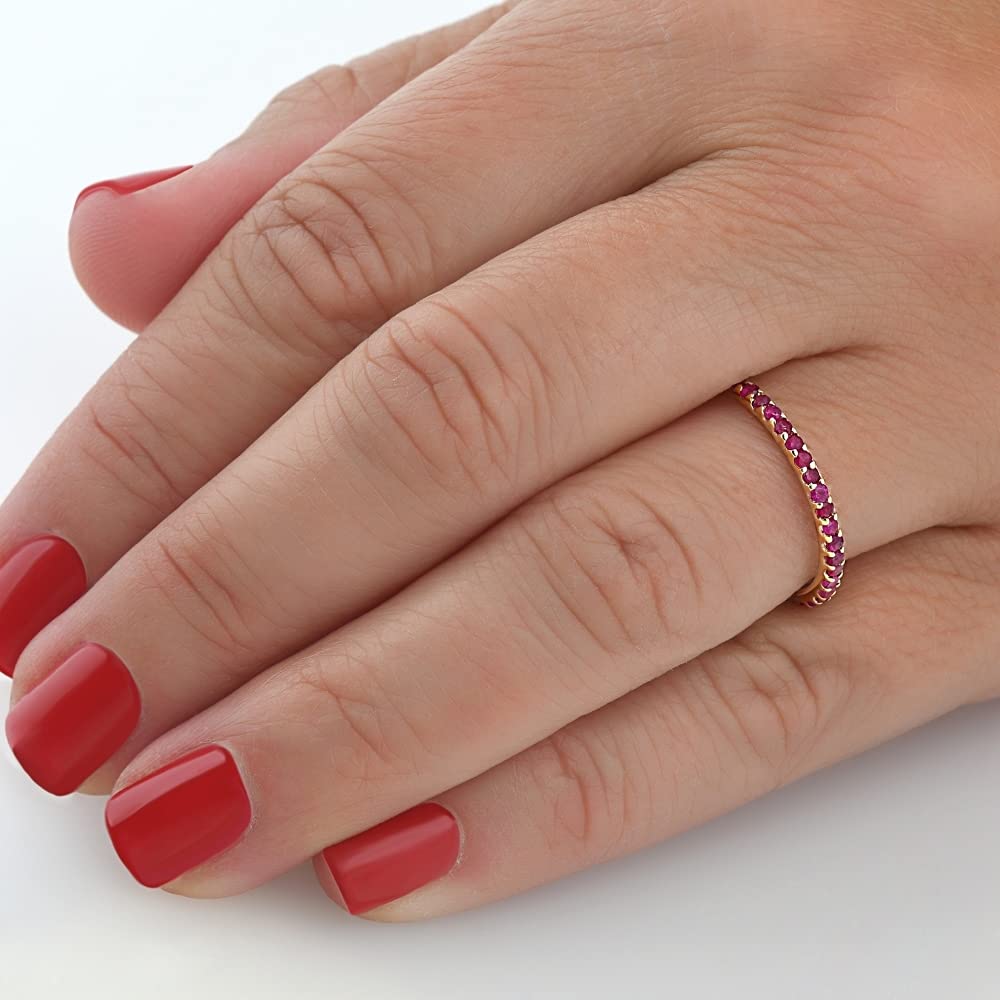 3/4 Carat Ruby Eternity Ring - 10K Yellow Gold Anniversary Wedding Band for Women - Perfect for Valentine's Day, Engagement, Anniversary & Special Occasion Gifts