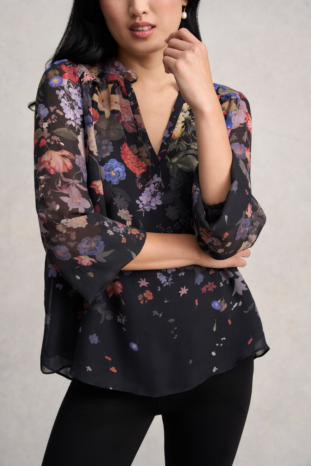 Viscose Georgette Printed Blouse - Midnight Floral Design Women's Top | Lightweight & Breathable Summer Blouse for Casual Wear, Office & Party Outfits