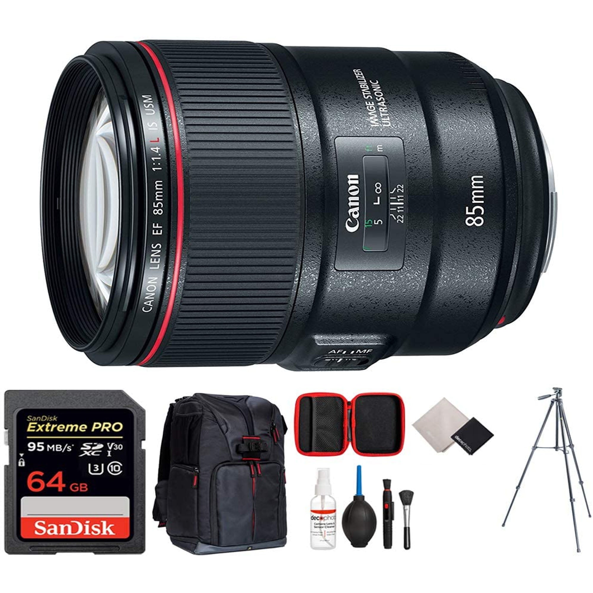 Canon EF 85mm f/1.4L IS USM Lens with Sandisk Extreme Pro 64GB SD Card, DSLR Camera Backpack, Tripod & Cleaning Kit Bundle - Perfect for Portrait Photography, Travel & Professional Shooting