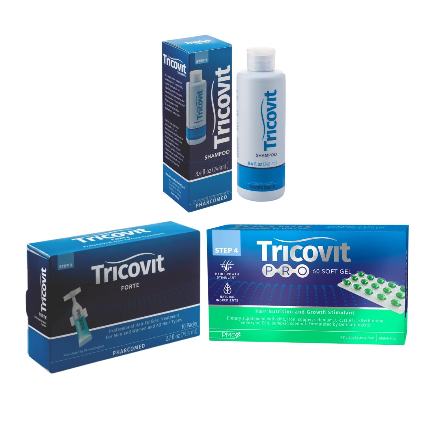Tricovit Hair Growth Shampoo 8.4 oz + Pro Hair Nutrition Supplement 60 Gels + Forte Lotion with DHT Blockers 10 Packs - Natural Hair Regrowth Treatment for Men & Women - Use for Thinning Hair, Baldness Prevention & Scalp Health
