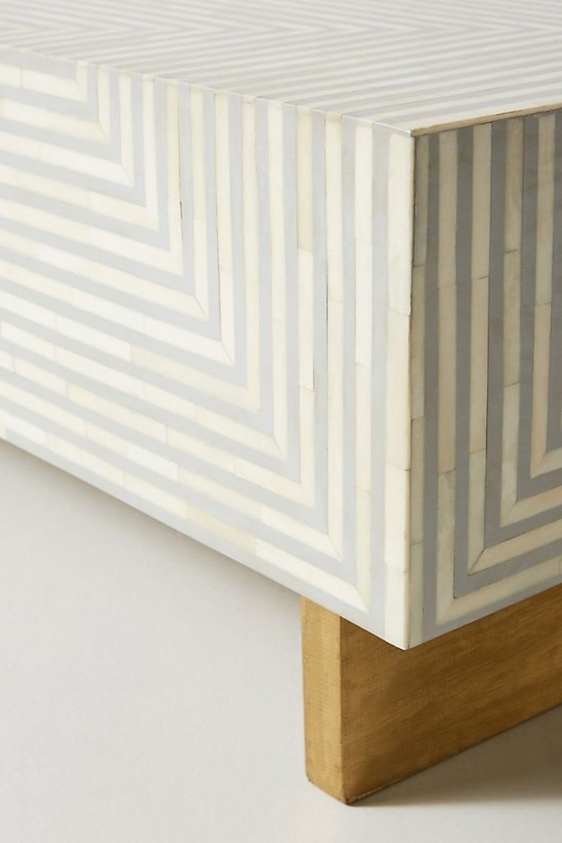 Handmade Bone Inlay Coffee Table - White & Grey Striped Rectangle Center Table for Living Room, Lounge & Office Decor | Modern Boho Furniture for Home & Workspace
