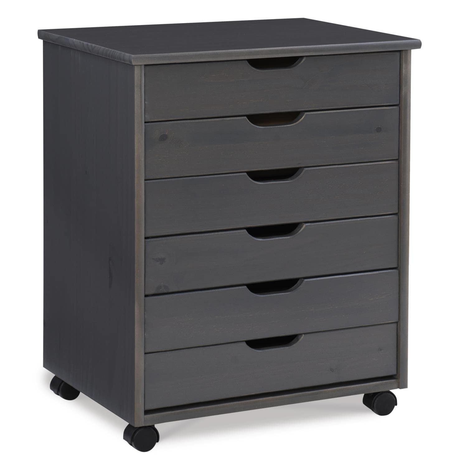 Linon Cary Grey Six Drawer Wide Rolling Storage Cart - Mobile Organizer for Office, Craft Room, or Bedroom Storage