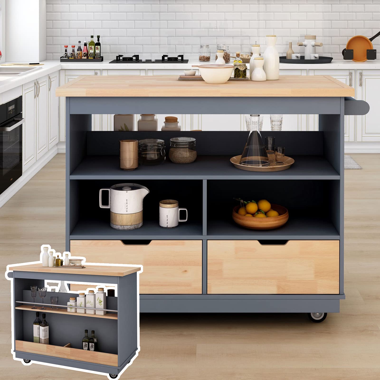 3-Tier Rolling Kitchen Island Cart with Solid Wood Top, 2 Drawers & Towel Rack - Multifunctional Mobile Kitchen Storage Cabinet for Small Spaces - Easy Assembly (Grey Blue) - Perfect for Apartments, Dorms & Compact Kitchens