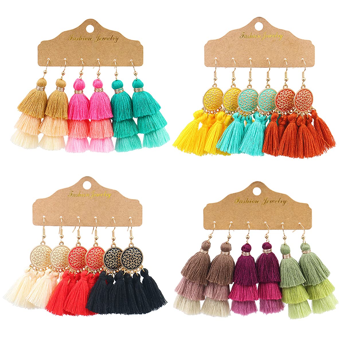 6 Pairs Boho Fringe Earrings for Women - Layered Tassel Dangle Earrings Set, Bohemian Style Fan Shape Jewelry - Perfect for Festivals, Parties & Everyday Wear