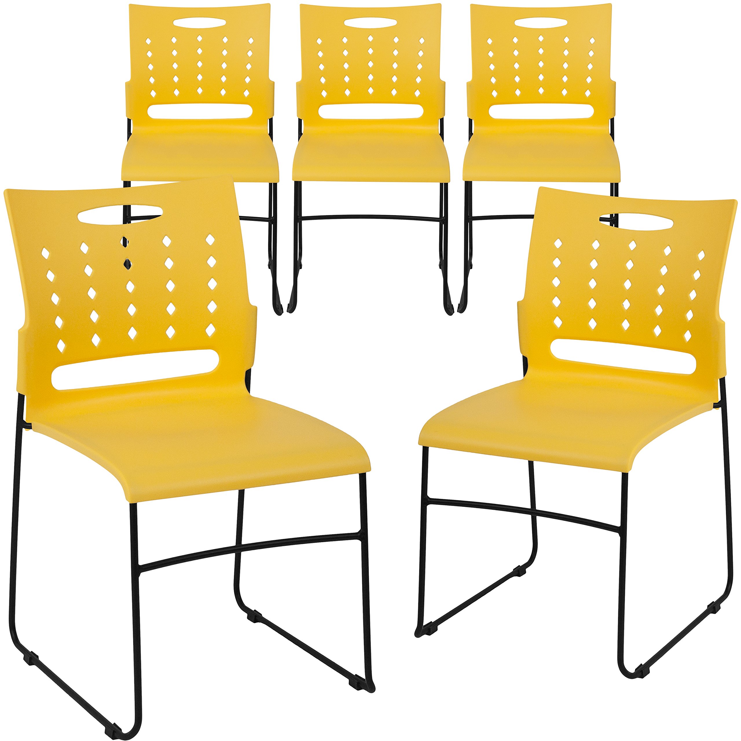 5 Pack Heavy Duty Yellow Stackable Plastic Chairs with 881 lb Capacity - Ventilated Back & Carry Handle for Schools, Events, and Outdoor Gatherings