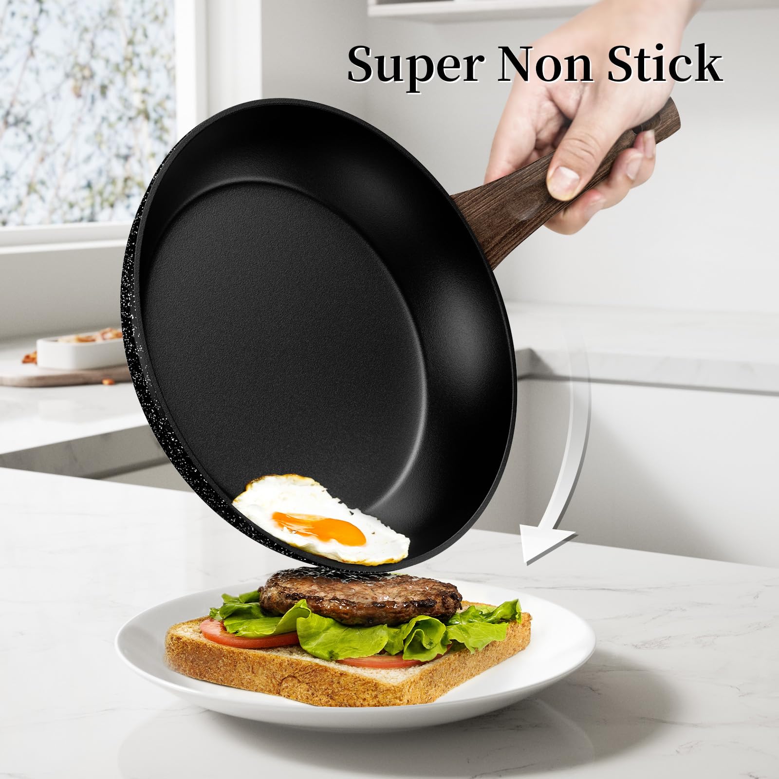 **9.5 Inch Nonstick Frying Pan - Black Non-Toxic Skillet, Oven & Induction Safe, PFOA Free - Perfect for Eggs, Omelettes & Everyday Cooking**