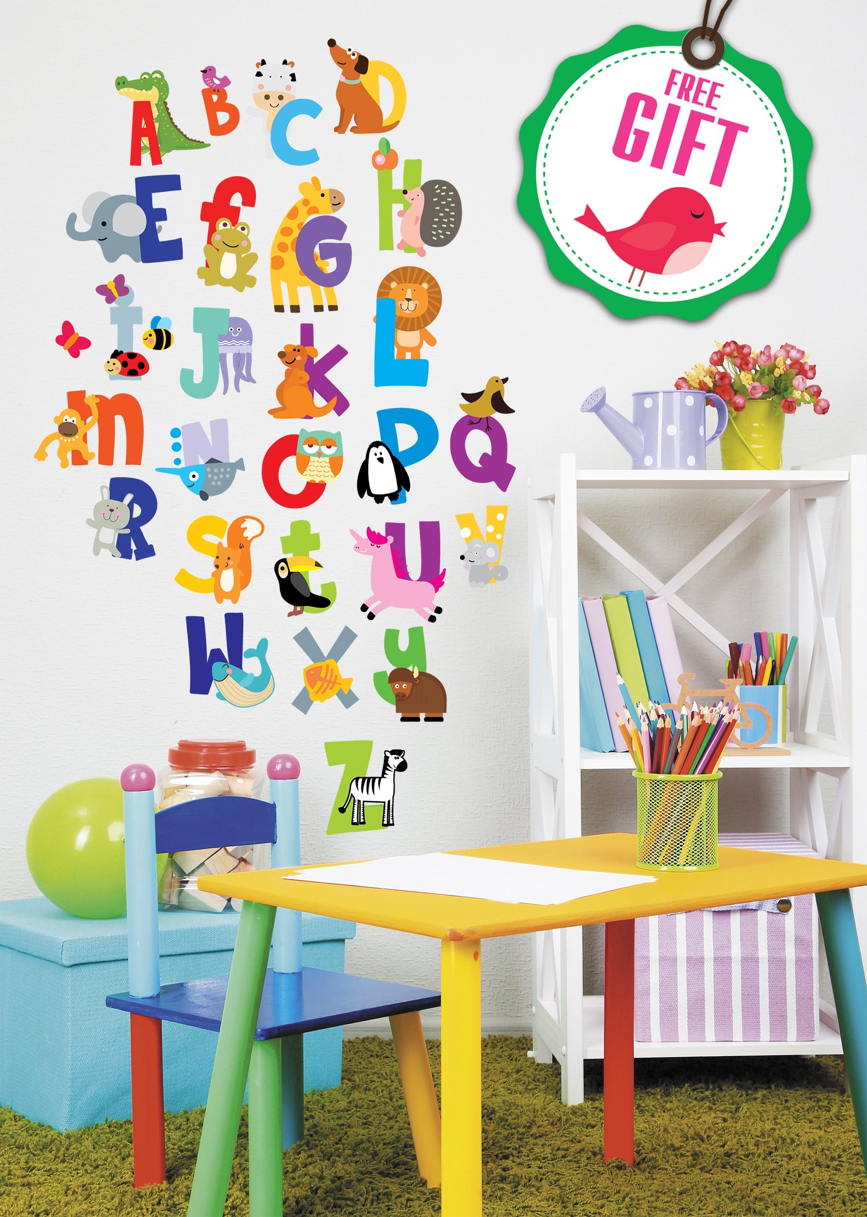ABC Alphabet Stickers - Animal Themed Wall Decals for Kids Room & Classroom Decor - Reusable Letter Stickers with Free Gift - Perfect for Nursery, Playroom & Learning Spaces
