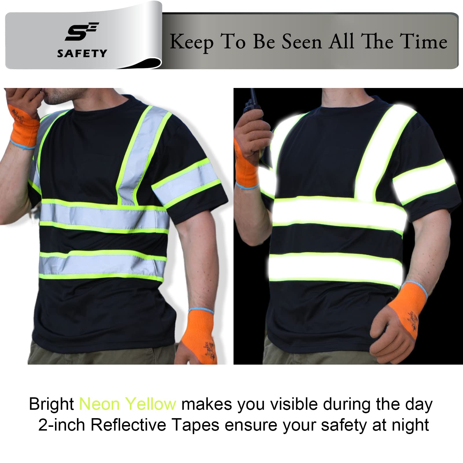 Class 3 High Visibility Safety Shirts for Men - Reflective Construction Work Shirts with Pocket, Short Sleeve Black & Yellow Stripe - XL | Ideal for Road Construction, Night Work & Hazardous Job Sites