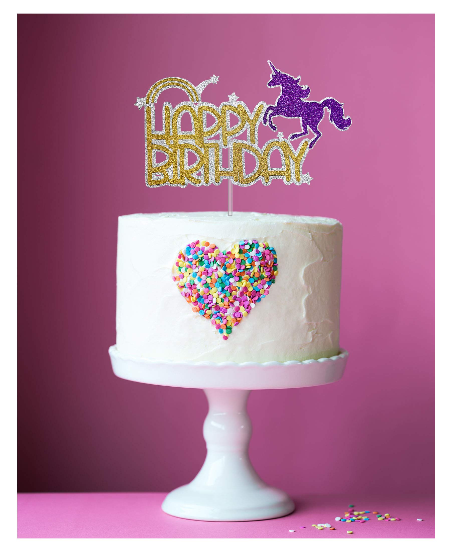 Handmade Glitter Unicorn Birthday Cake Topper - Premium Food Safe Acrylic Stick Decoration for Party Cakes, Baby Showers & Wedding Celebrations