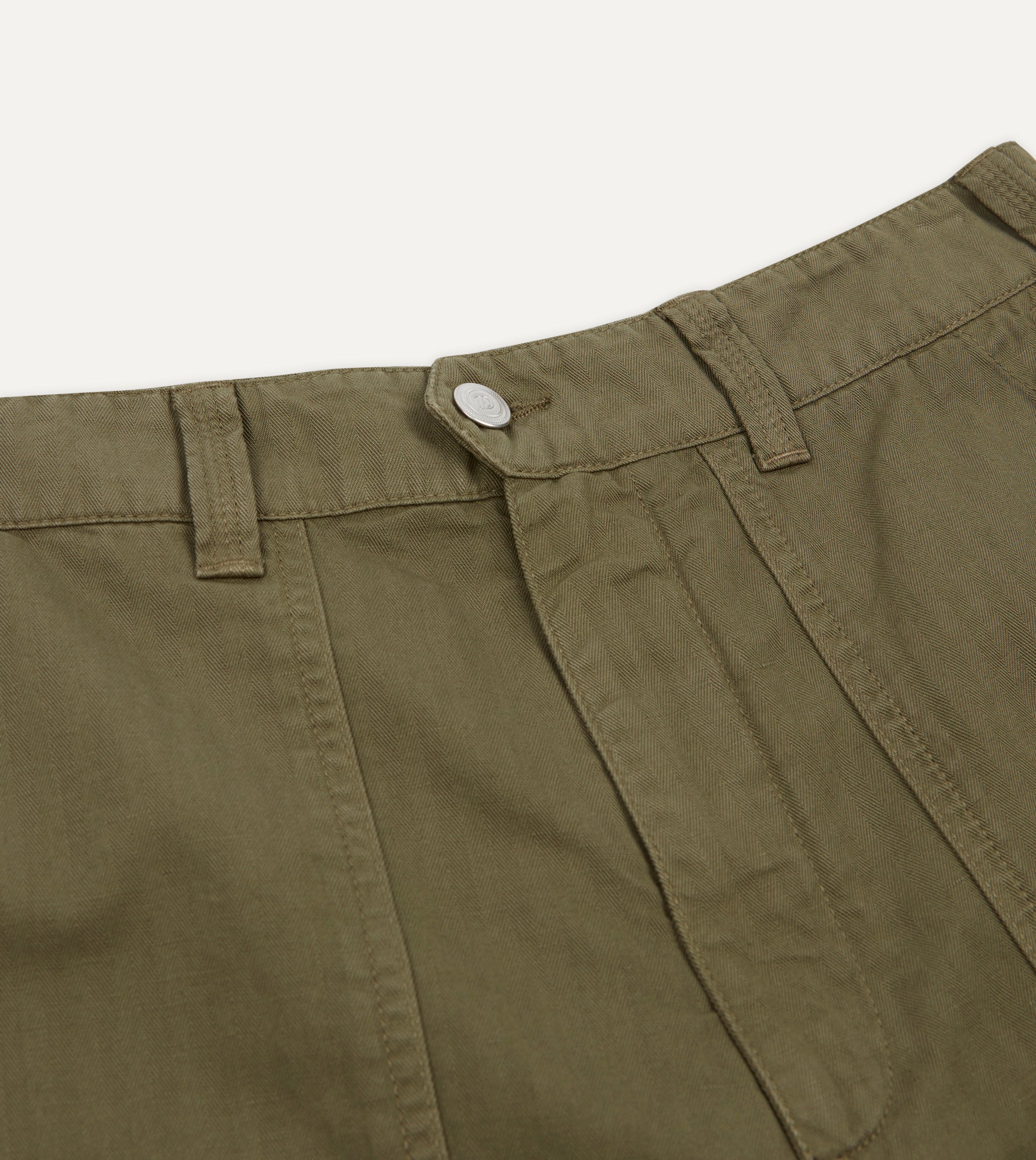 Olive Cotton Linen Herringbone Fatigue Shorts - Comfortable Casual Summer Shorts for Men | Perfect for Outdoor Activities, Travel & Everyday Wear