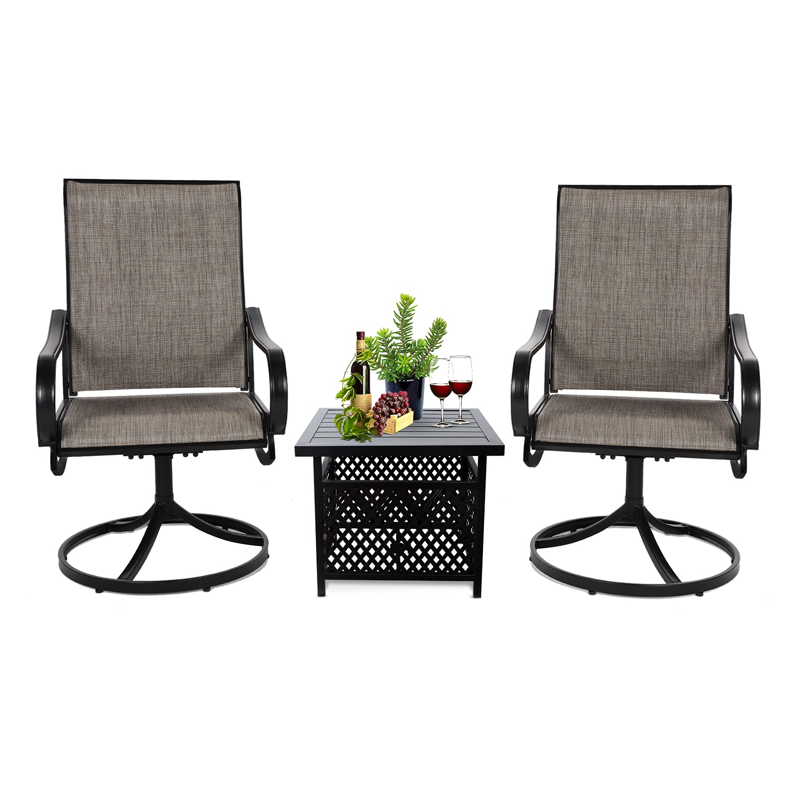 MEOOEM 3-Piece Patio Furniture Set - Outdoor Swivel Bistro Chairs with Coffee Table & Umbrella Hole - Durable Metal Conversation Set for Garden, Balcony, and Backyard Relaxation