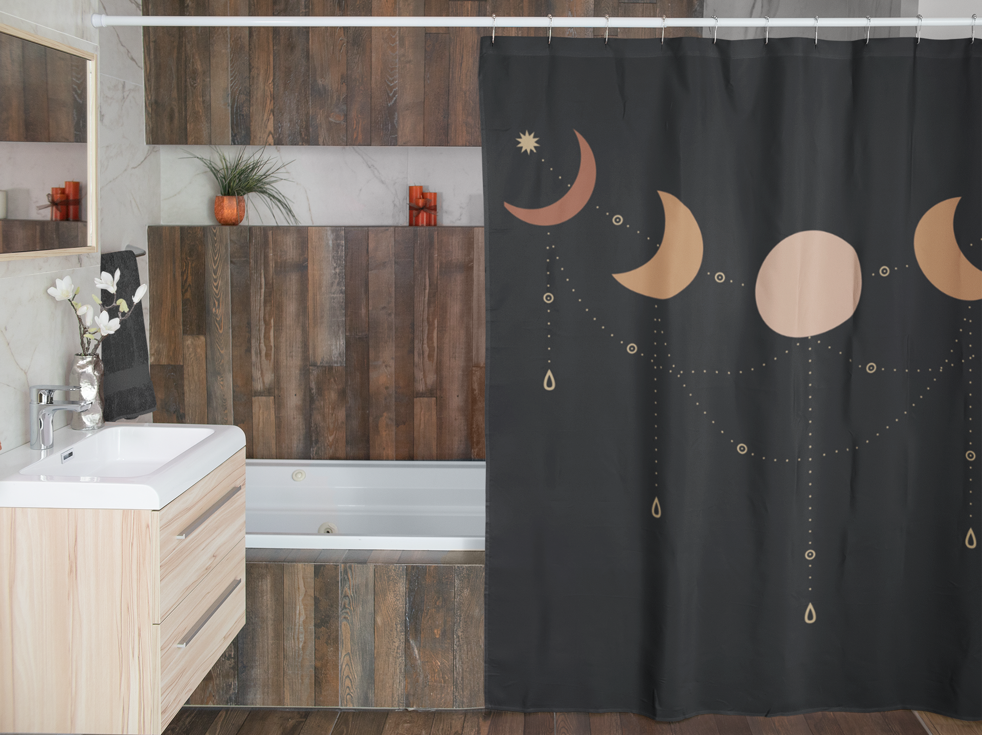 Black Moon Phases Shower Curtain - Waterproof Bathroom Decor for Modern & Boho Homes - Perfect for Showers, Bathtubs & Spa Retreats