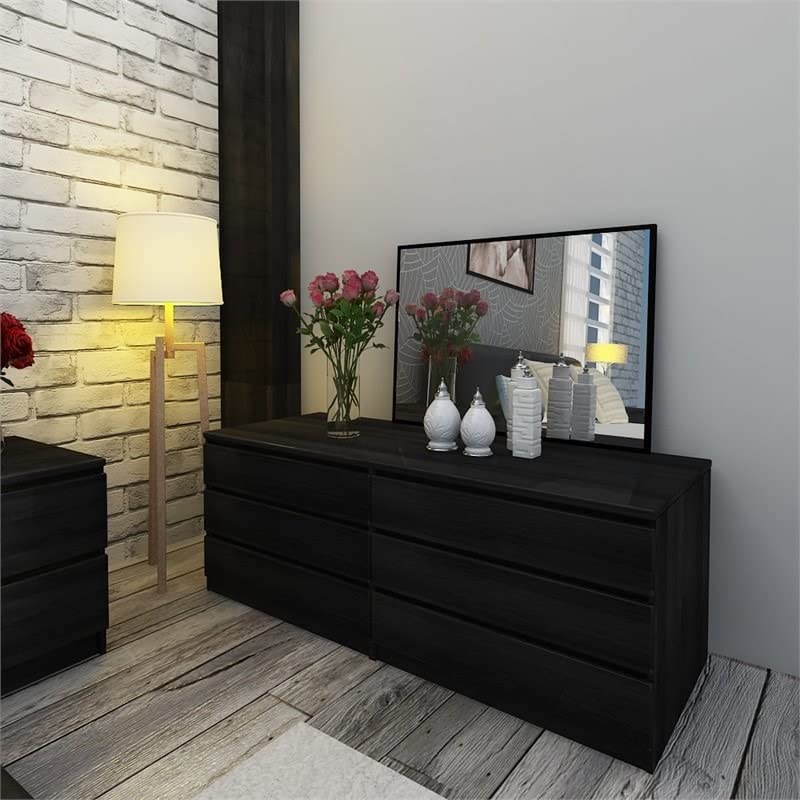 Home Square 3-Piece Black Woodgrain Bedroom Set - 6-Drawer Double Dresser & Two 2-Drawer Nightstands | Complete Bedroom Furniture for Master Bedroom, Guest Room & Small Spaces