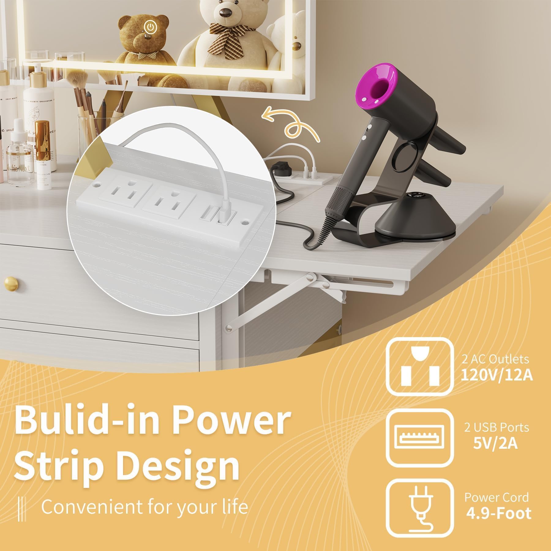 Small Makeup Vanity Desk with LED Lights - White Vanity Set with Mirror & Stool, Compact Dressing Table with Storage Drawers & USB Outlet for Bedroom, Apartment - Perfect for Beauty Routine, Makeup Application & Small Space Organization (Gold Trim)