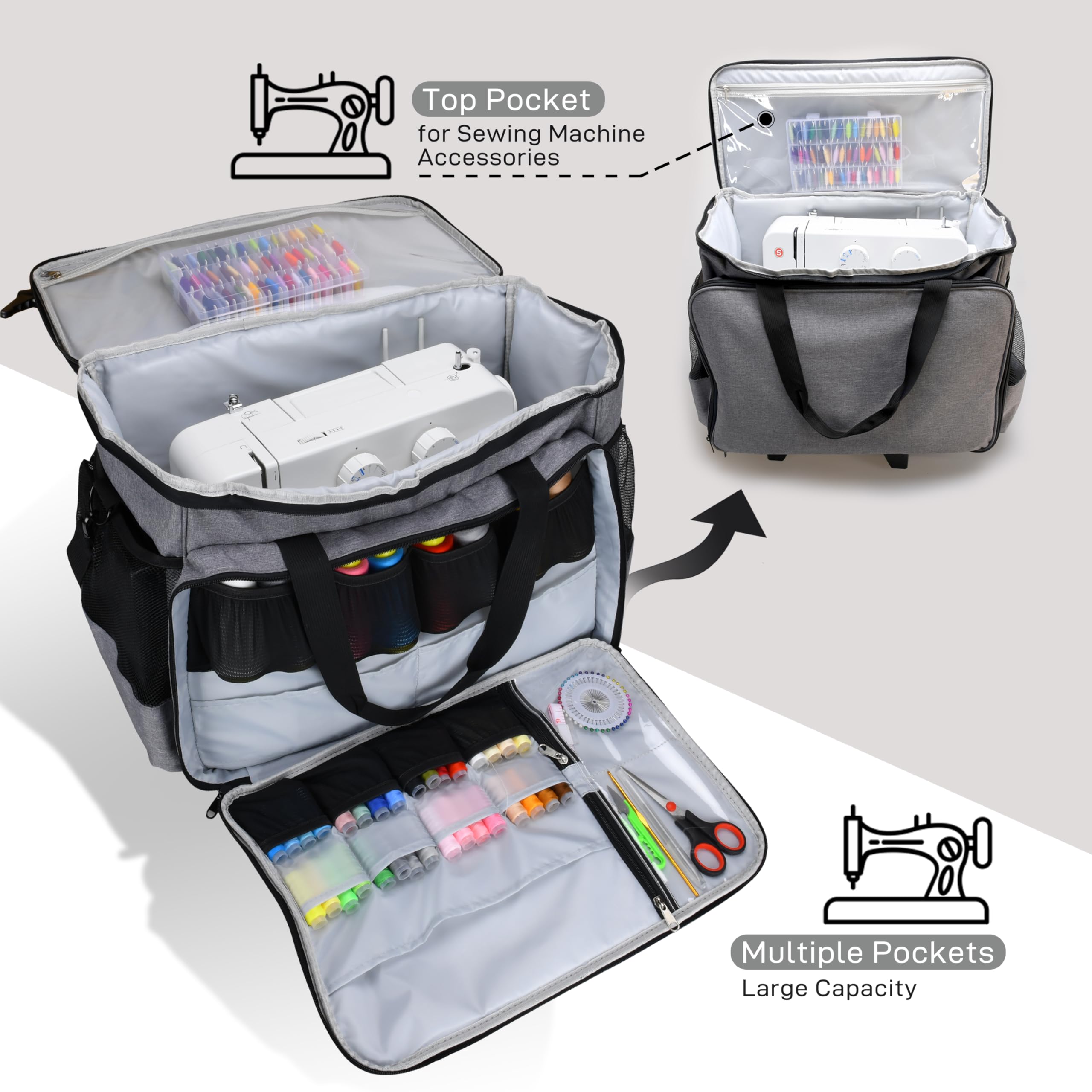 Large Heavy Duty Rolling Sewing Machine Case with Wheels - Spacious Sewing Machine Bag for Most Machines | Perfect for Travel, Classes & Storage | Durable Tote with Extra Space