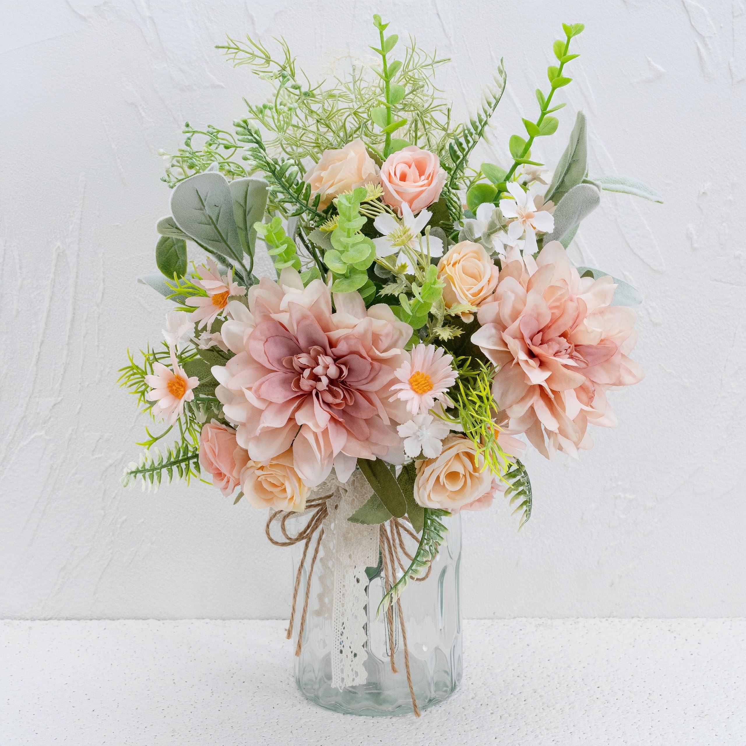 LUEUR Artificial Silk Rose and Hydrangea Bouquet in Vase - Pink Dahlia Floral Arrangement for Home Decor, Wedding Centerpiece, Spring Table Decorations | Perfect for Living Room, Dining Table, Office Desk Decor