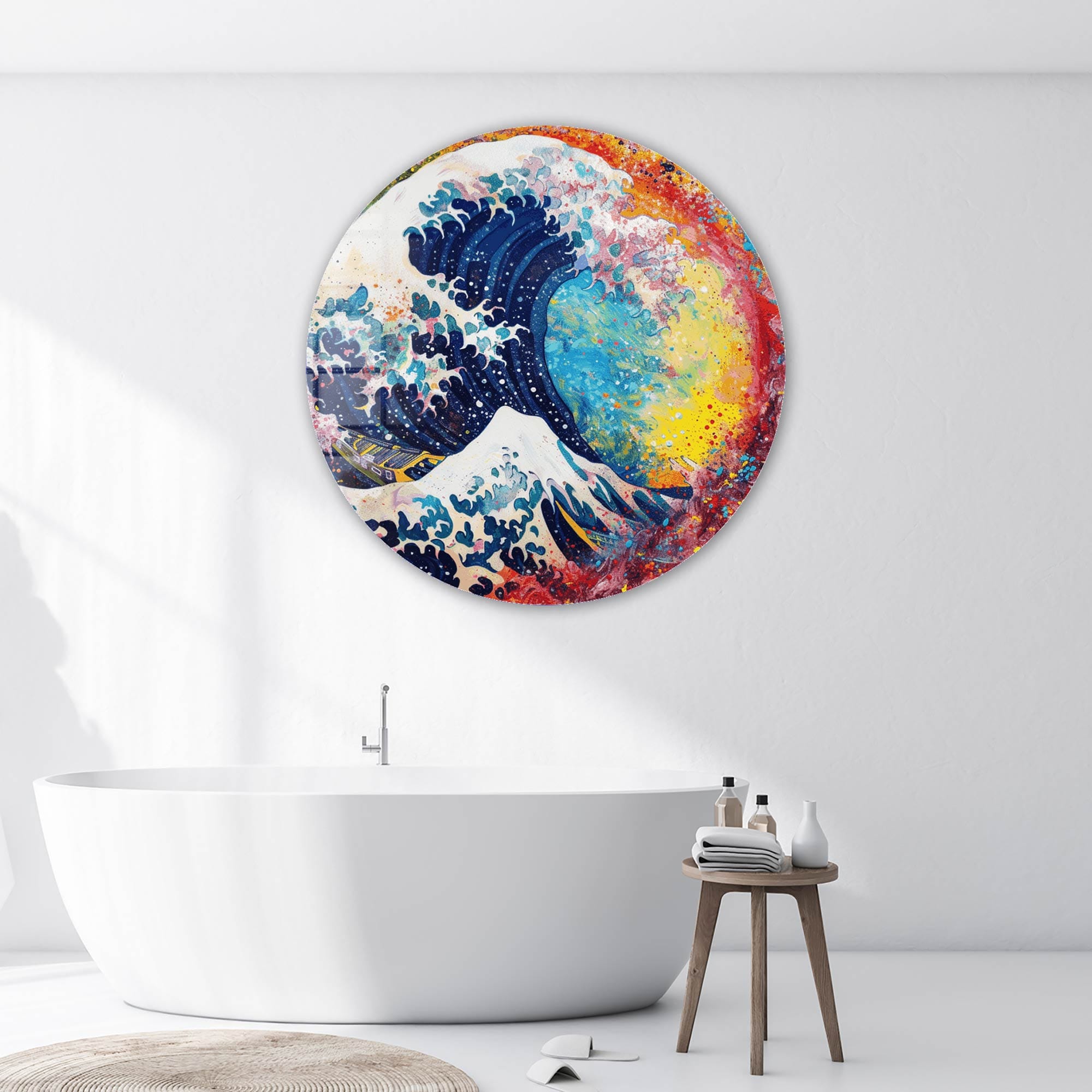 Kanagawa Rainbow Rounded Glass Wall Art - Japanese Wave Decor for Living Room, Bedroom & Office - Modern Home Decor & Unique Gift Idea