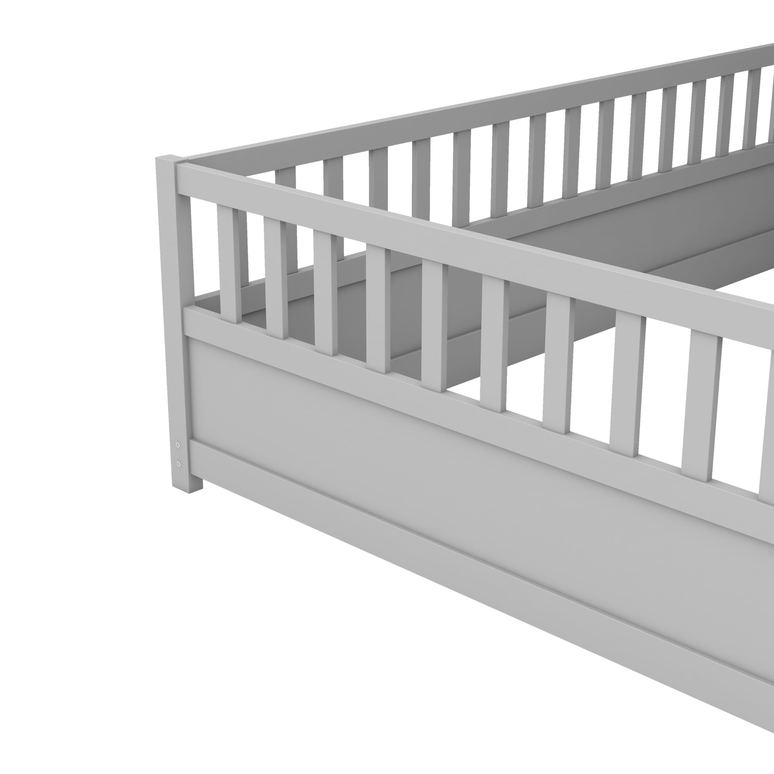 Montessori Wood Floor Bed for Kids - Full Size with High Safety Rails & Door Design, Grey - No Bed Slats Needed - Perfect for Toddler Rooms, Daycare Centers & Montessori Classrooms