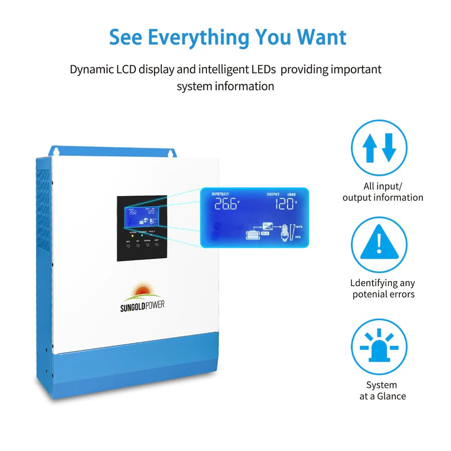 SunGoldPower 3000W 24V Pure Sine Wave Solar Inverter Charger with LCD Display - Perfect for Off-Grid Solar Systems, RVs, Boats & Home Backup Power
