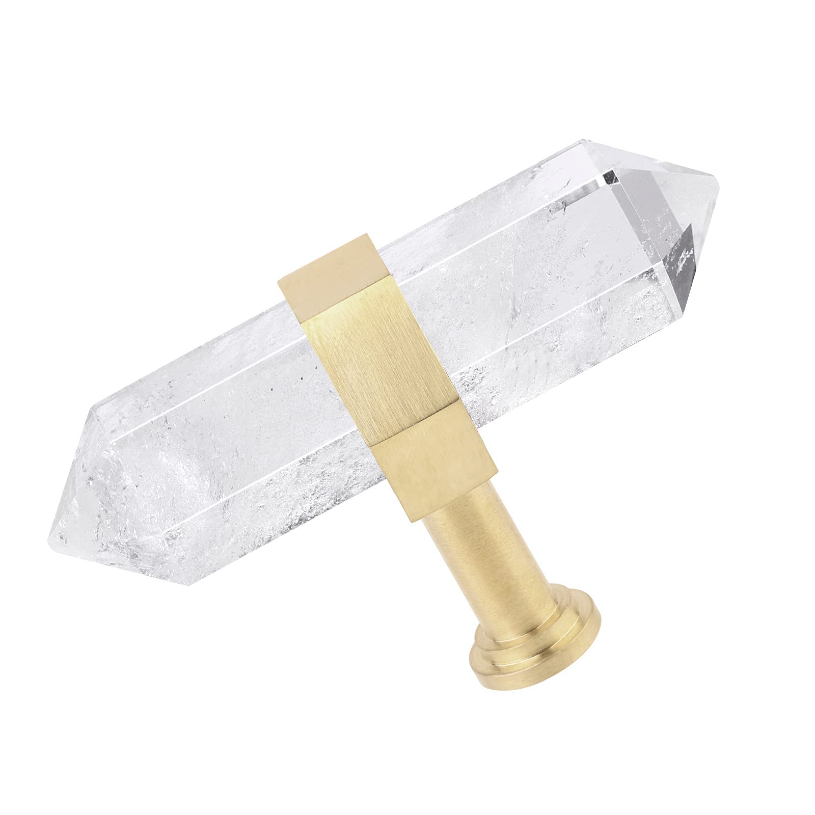 Rock Quartz Crystal Drawer Knobs Set of 2 - Brushed Brass Cabinet Handles for Kitchen & Dresser Decor
