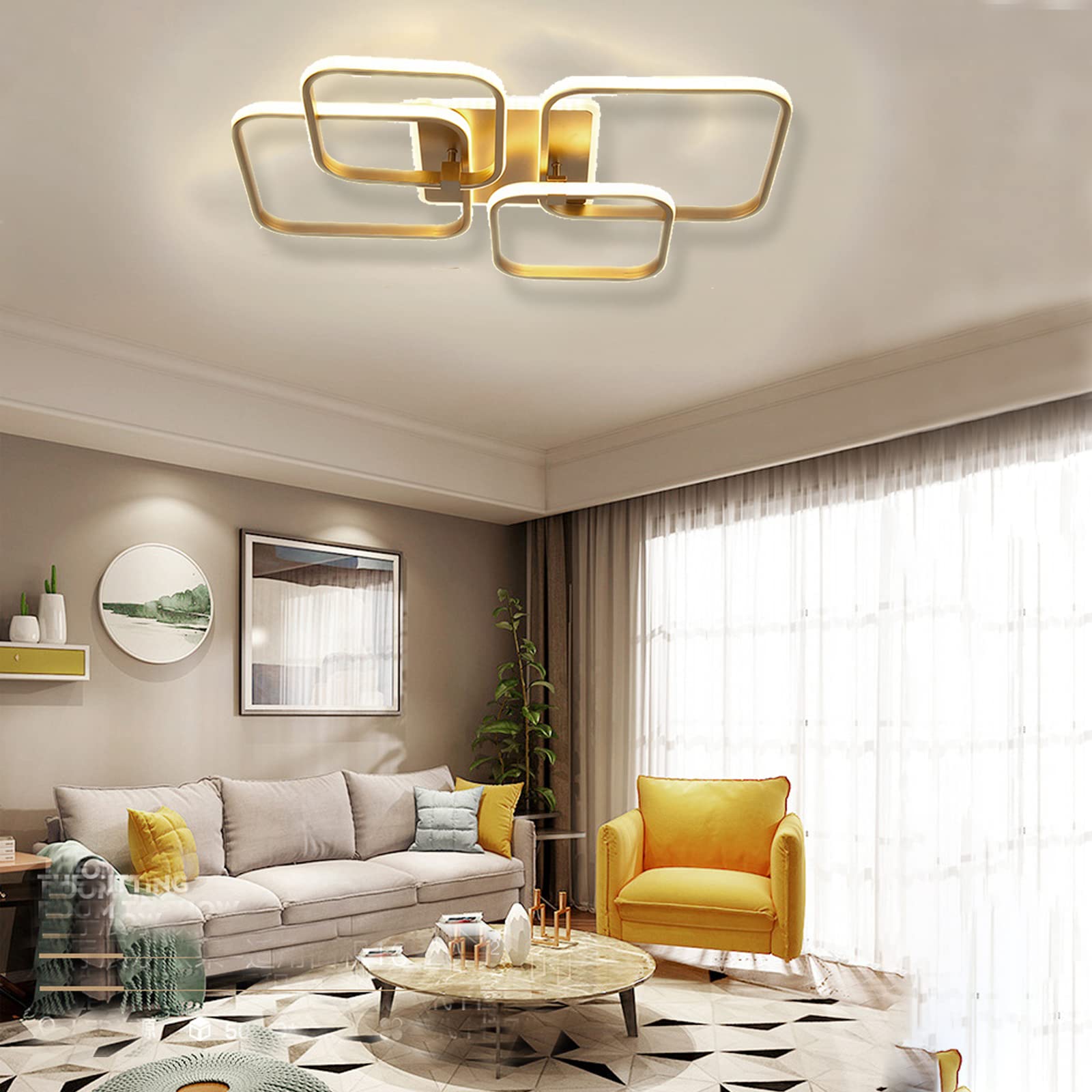 Becailyer 60W Dimmable LED Ceiling Light - Modern Gold Square Chandelier with Remote Control, Acrylic Shade for Living Room Bedroom Dining Room - Perfect for Home Decor & Ambient Lighting