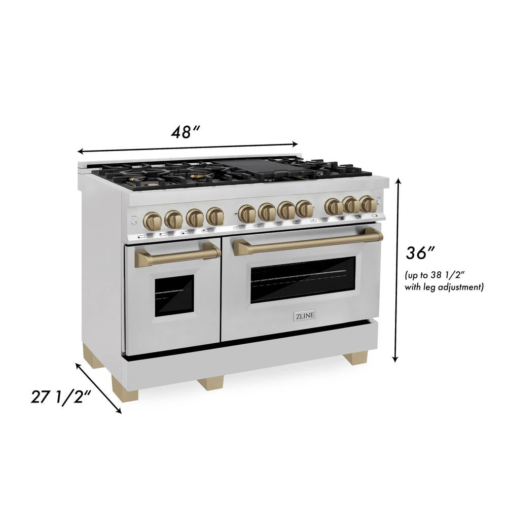 ZLINE Autograph Edition 48-inch Stainless Steel Dual Fuel Range Kitchen Package with Range Hood, Dishwasher & Refrigerator - Champagne Bronze Accents (4KAPR RARHDWM48 CB) | Premium Kitchen Appliances for Modern Homes & Professional Chefs