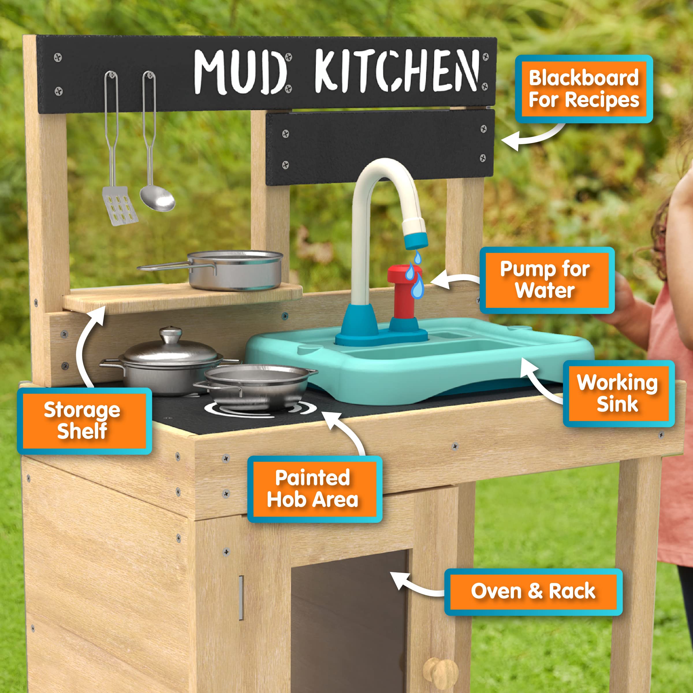 TP TOYS TP671 Splash & Play Wooden Kids Play Kitchen - 93.5 x 40 x 12.5 cm Pretend Cooking Toy for Toddlers - Perfect for Indoor Pretend Play, Birthday Gifts & Early Childhood Development